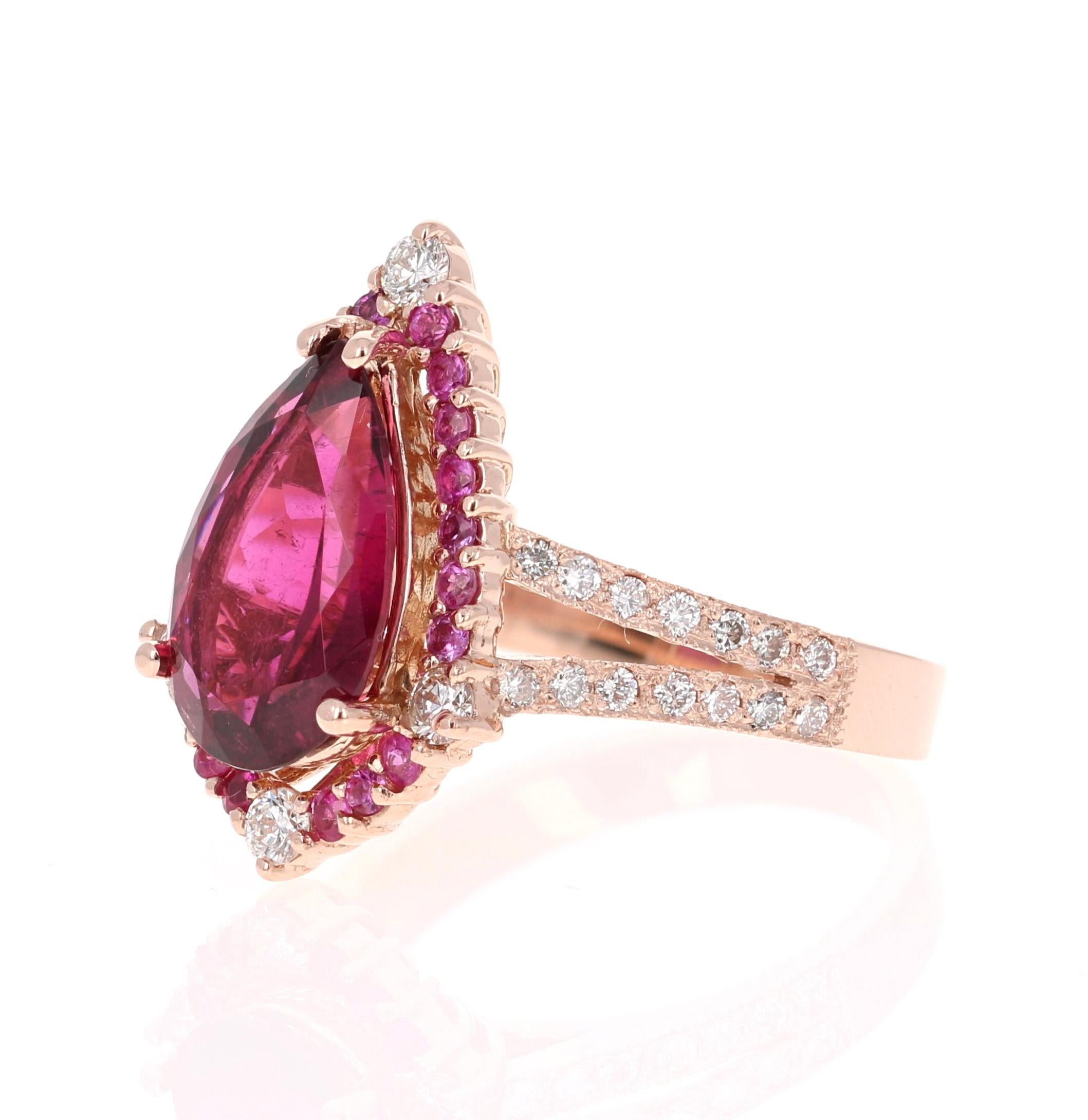 Modern 4.06 Carat Tourmaline Pink Sapphire Diamond 14 Karat Rose Gold Ring