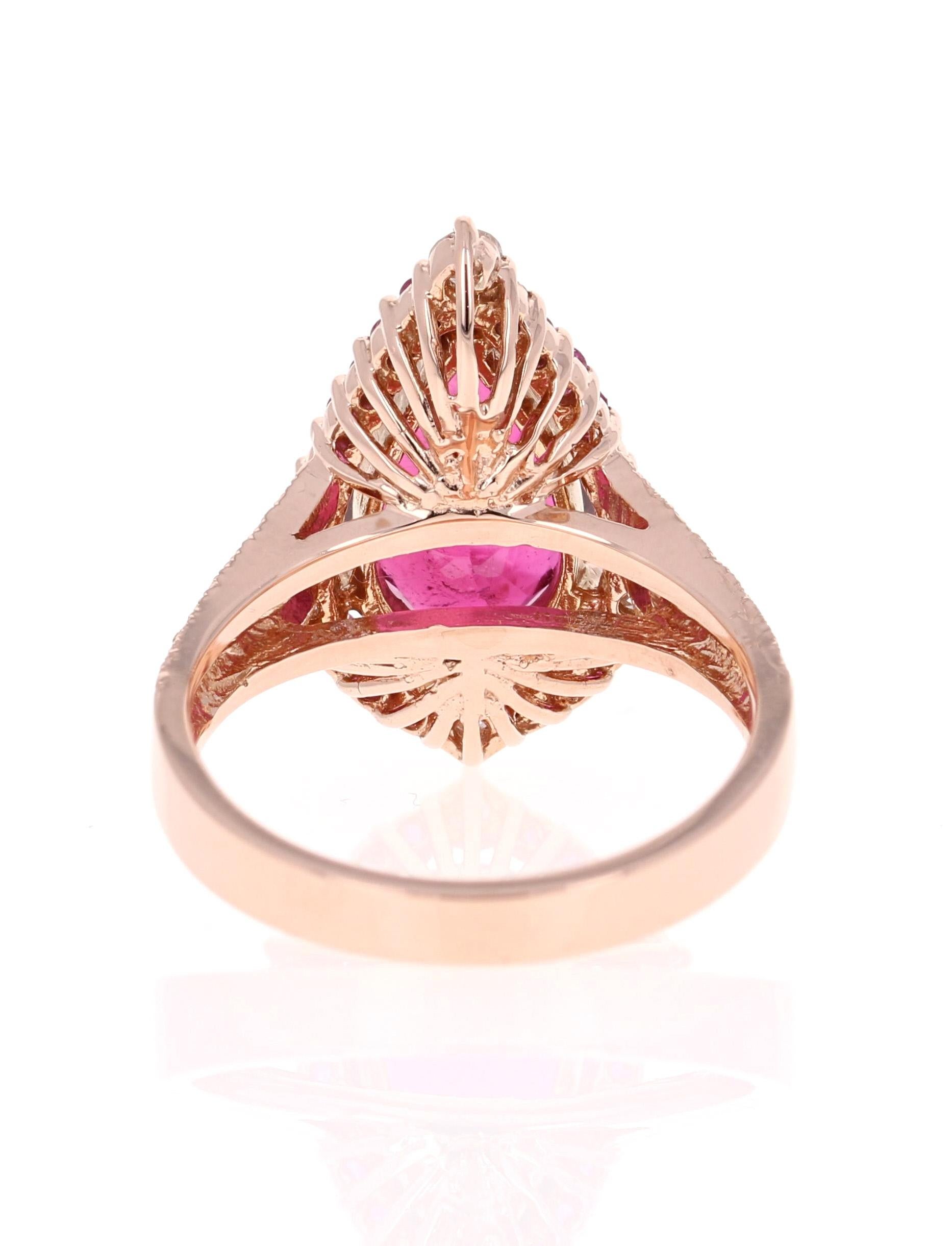 Pear Cut 4.06 Carat Tourmaline Pink Sapphire Diamond 14 Karat Rose Gold Ring