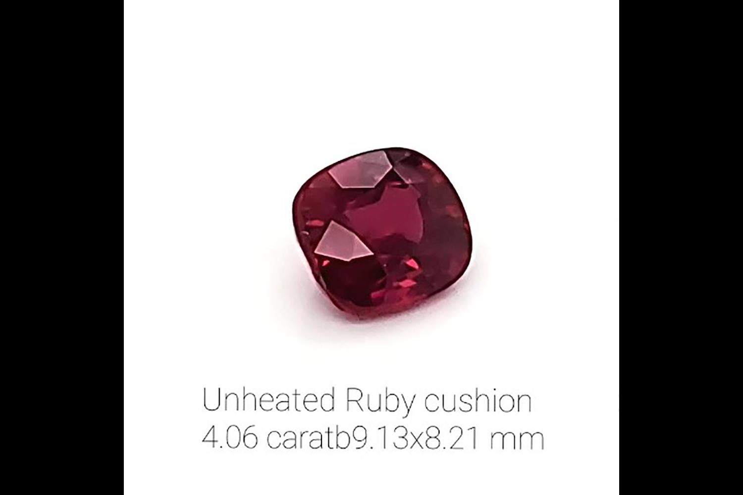 4.06 Carat Unheated Natural Red Ruby Cushion Cut Gem In New Condition In New York, NY