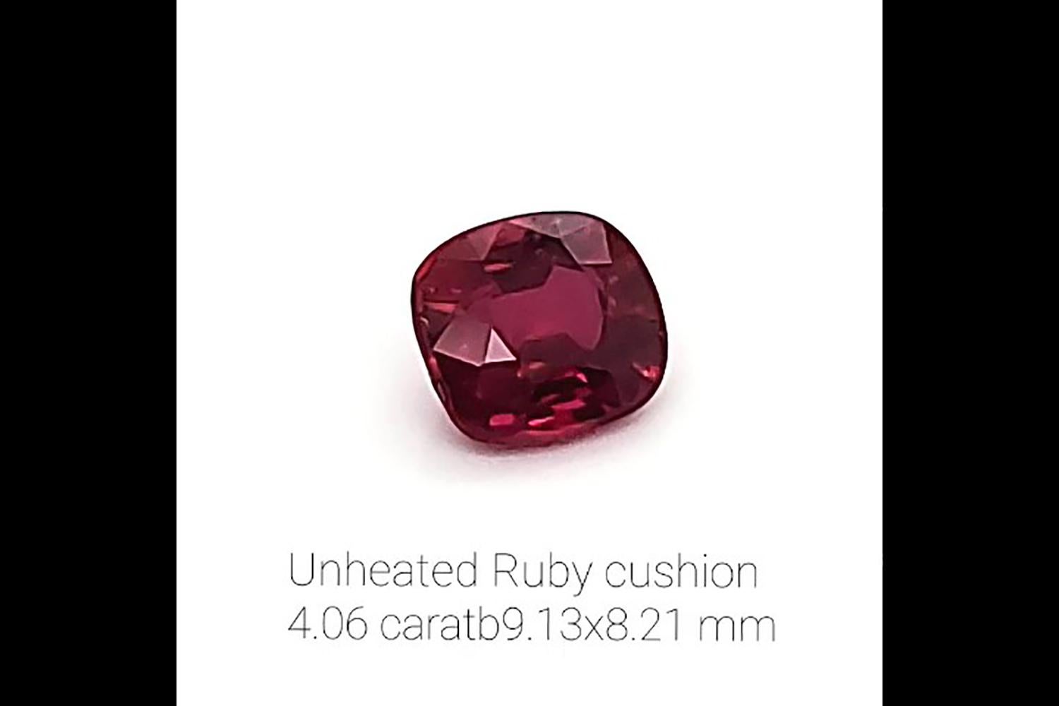 Women's or Men's 4.06 Carat Unheated Natural Red Ruby Cushion Cut Gem