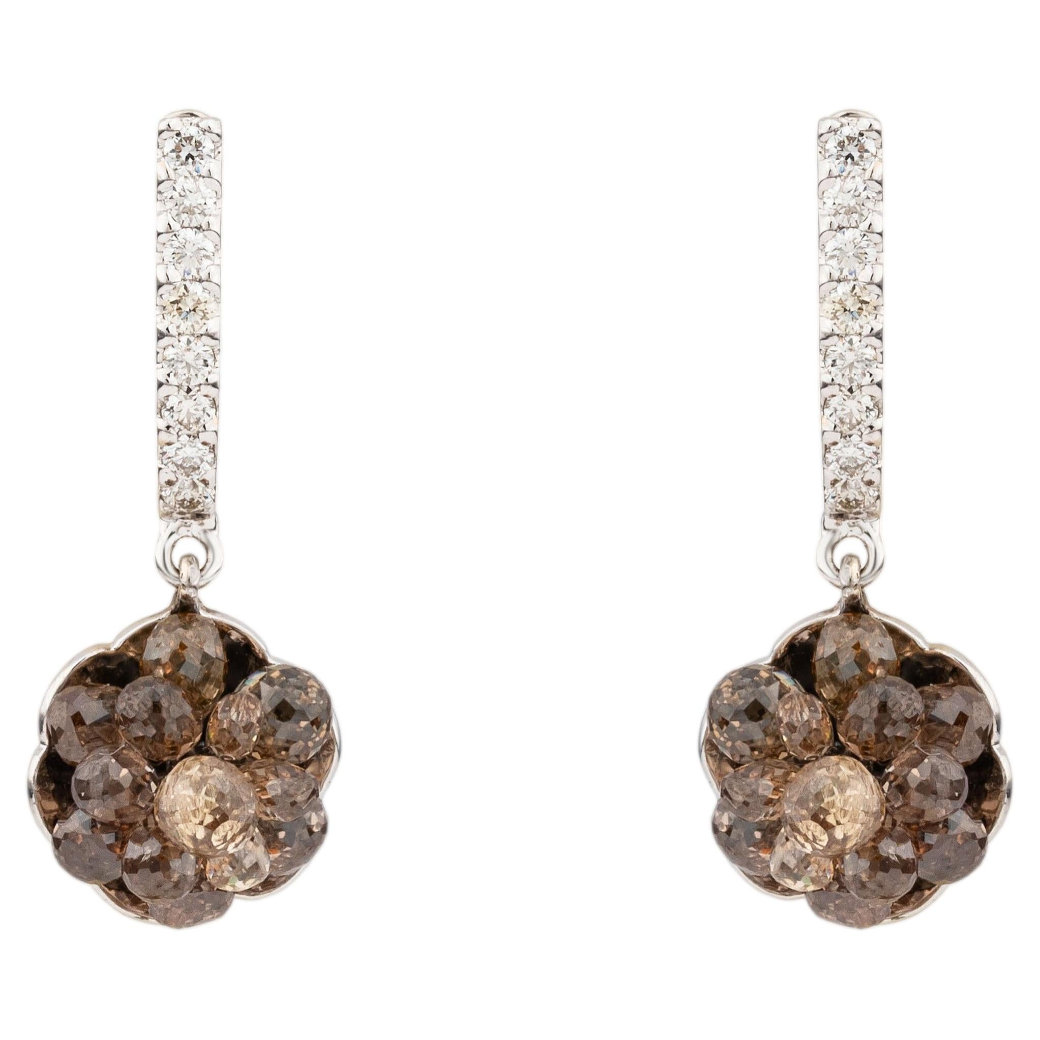 4.06 Ct Black and White Diamond Floral Cluster Huggie Drop Earrings in 18K Gold For Sale