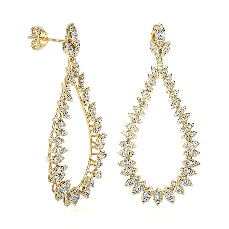 Moderne 4.06 CTW diamants Forme feuille Boucles d'oreilles pendantes Maria collection en or jaune 14K en vente