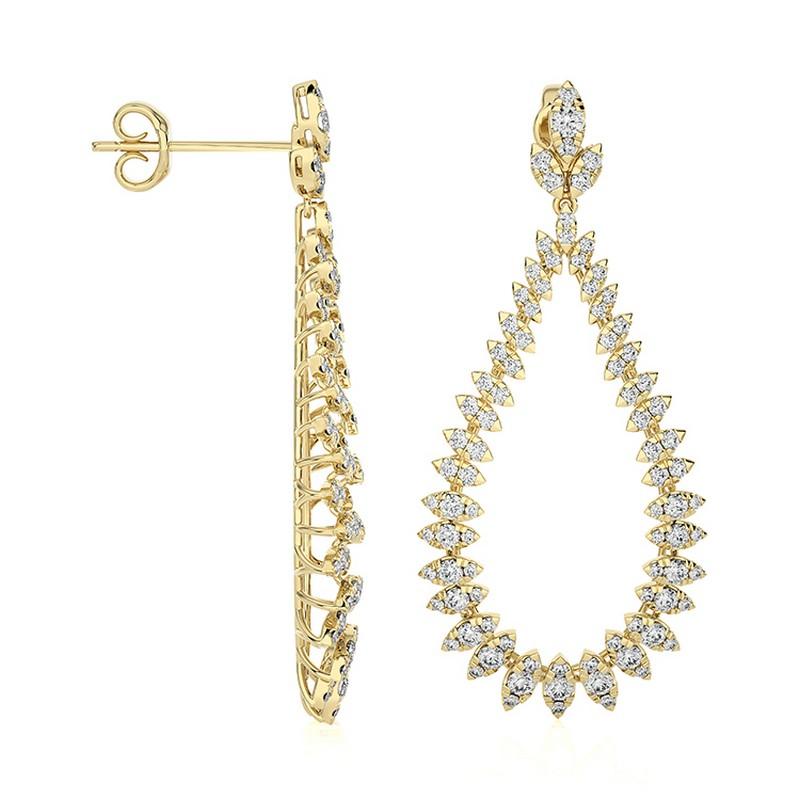 Taille ronde 4.06 CTW diamants Forme feuille Boucles d'oreilles pendantes Maria collection en or jaune 14K en vente