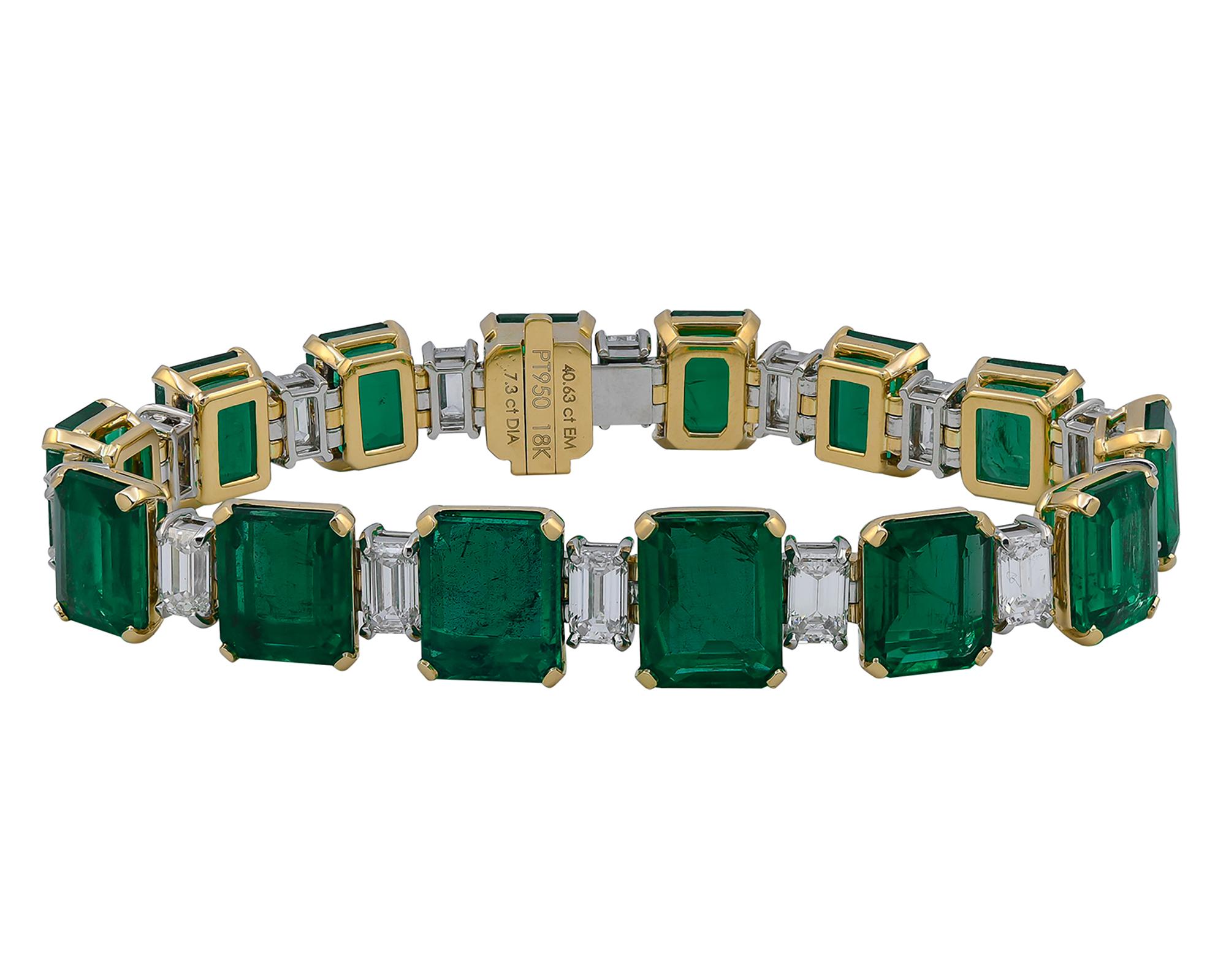 Emerald Cut Spectra Fine Jewelry, 40.63 Carat Emerald Diamond Bracelet For Sale