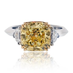 4.06ct Fancy Intense Yellow Radiant Cut Three Stone Diamond Engagement Ring