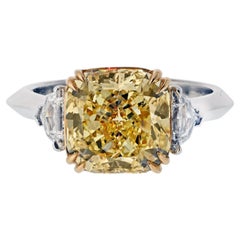 4.06ct Fancy Intense Yellow Radiant Cut Three Stone Diamond Engagement Ring