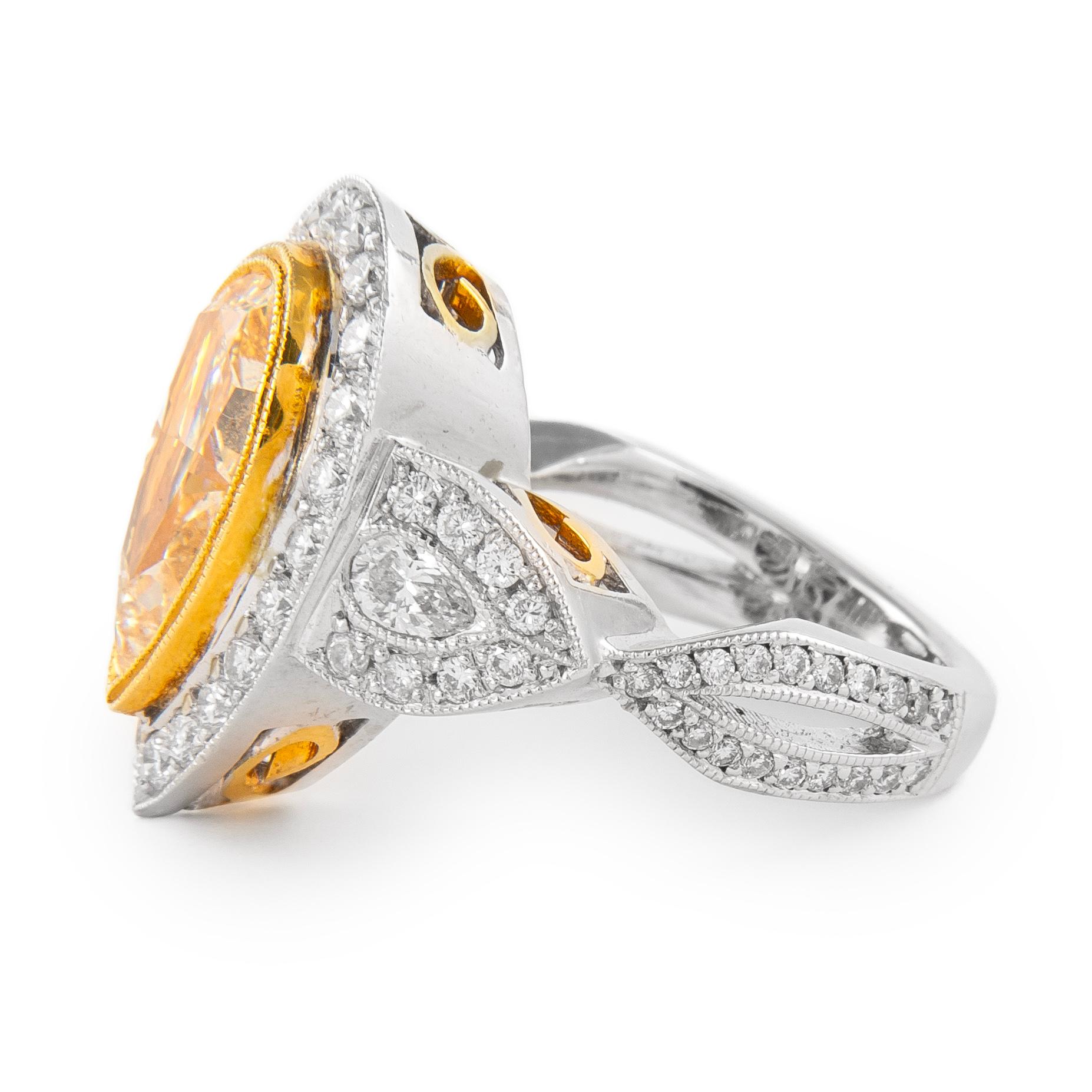 Contemporary 4.06ct Fancy Yellow Diamond Three-Stone Halo Ring 18k Two Tone For Sale