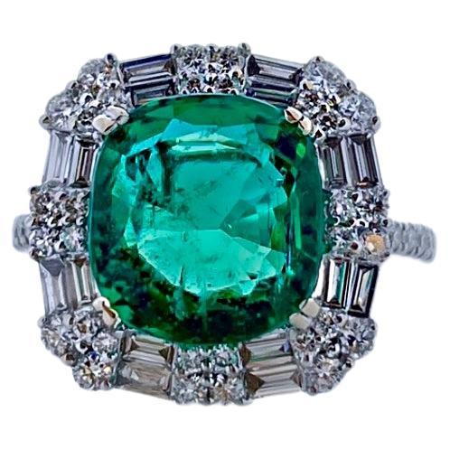4.06CT Green Emerald and 1.10CTW Diamond Ring in 18k White Gold For Sale