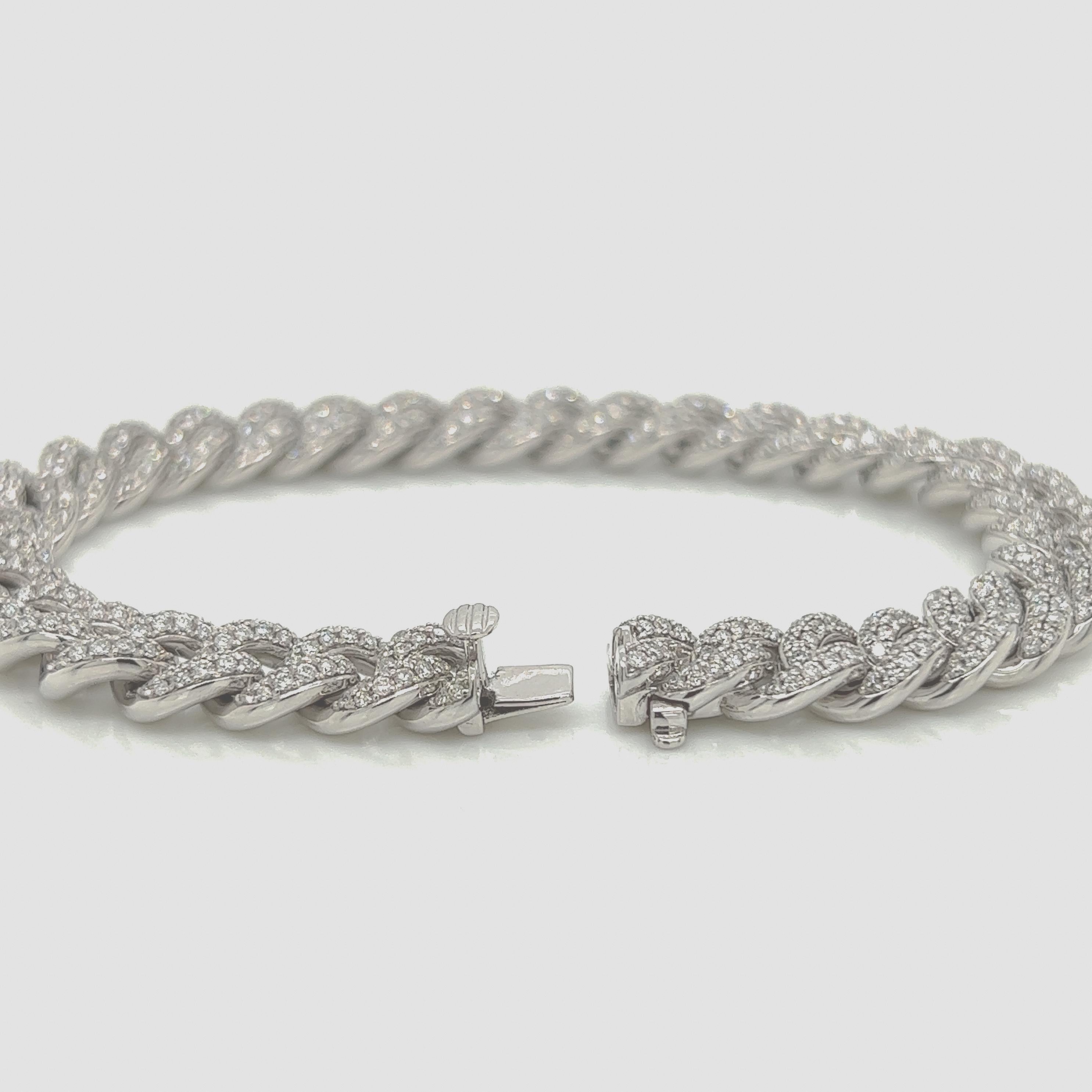 Round Cut 4.07 Carat 14K White Gold Iced Out Cuban Link Diamond Bracelet, 22.8g For Sale