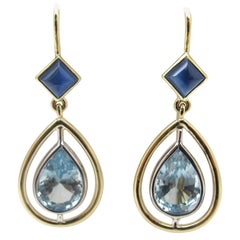 Aquamarine and Sapphire Cabochon Dangle Earrings in White Gold, 4.07 Cts. Total
