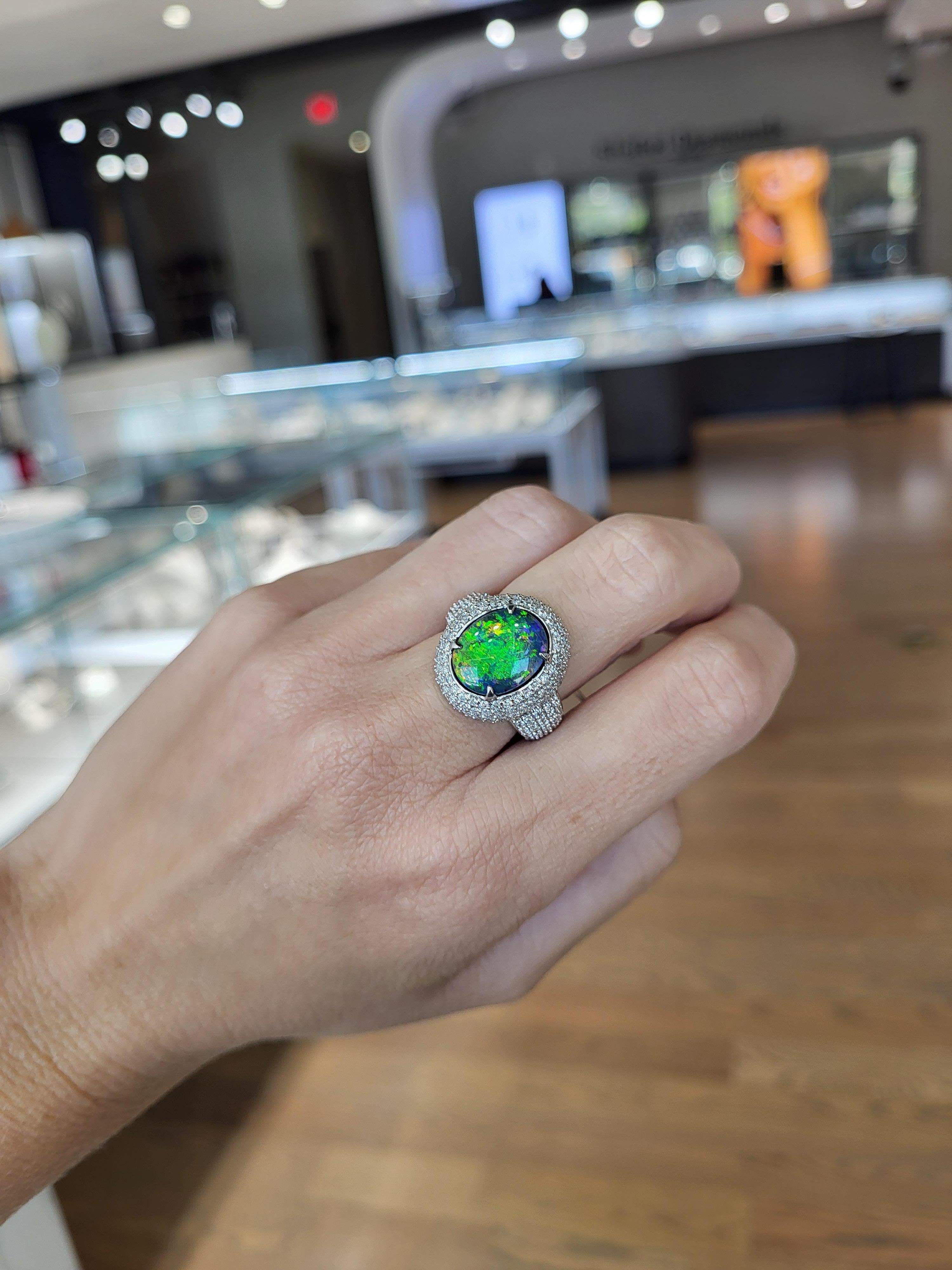 4.07 Carat Australian Black Opal and Diamond Cocktail Ring For Sale 2