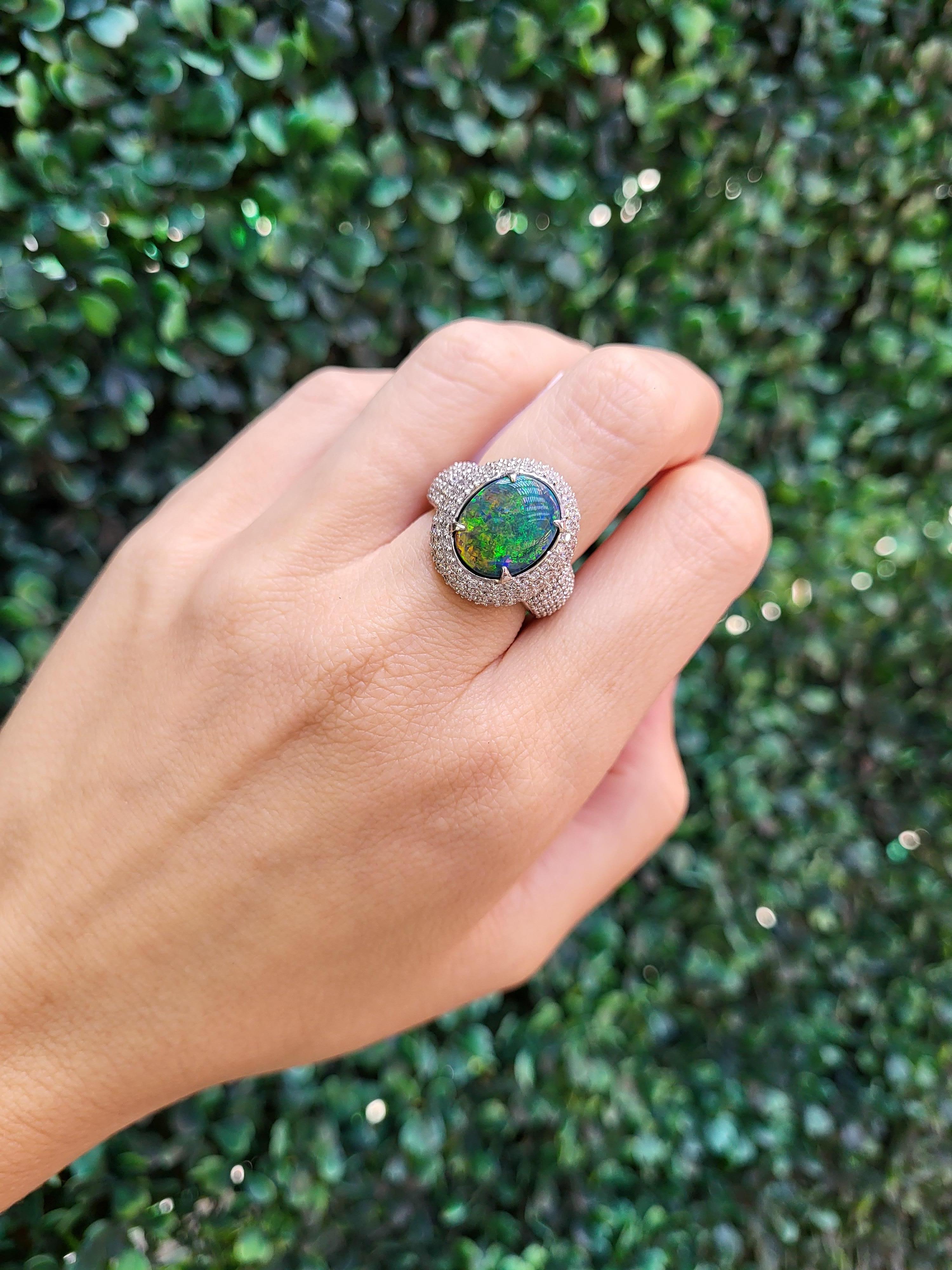 Contemporary 4.07 Carat Australian Black Opal and Diamond Cocktail Ring For Sale
