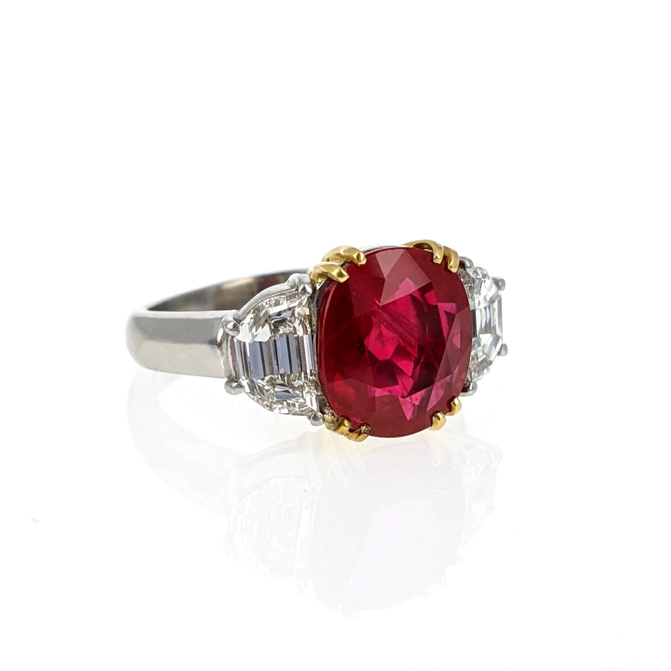 Oval Cut 4.07 Carat Burma Ruby Diamond Platinum and Gold Ring For Sale