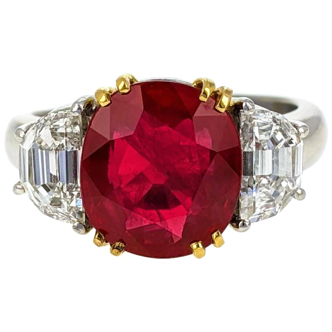 4.07 Carat Burma Ruby Diamond Platinum and Gold Ring For Sale