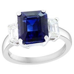 Bague de fiançailles en or blanc 14 carats 4,07 carats saphir taille émeraude et diamant