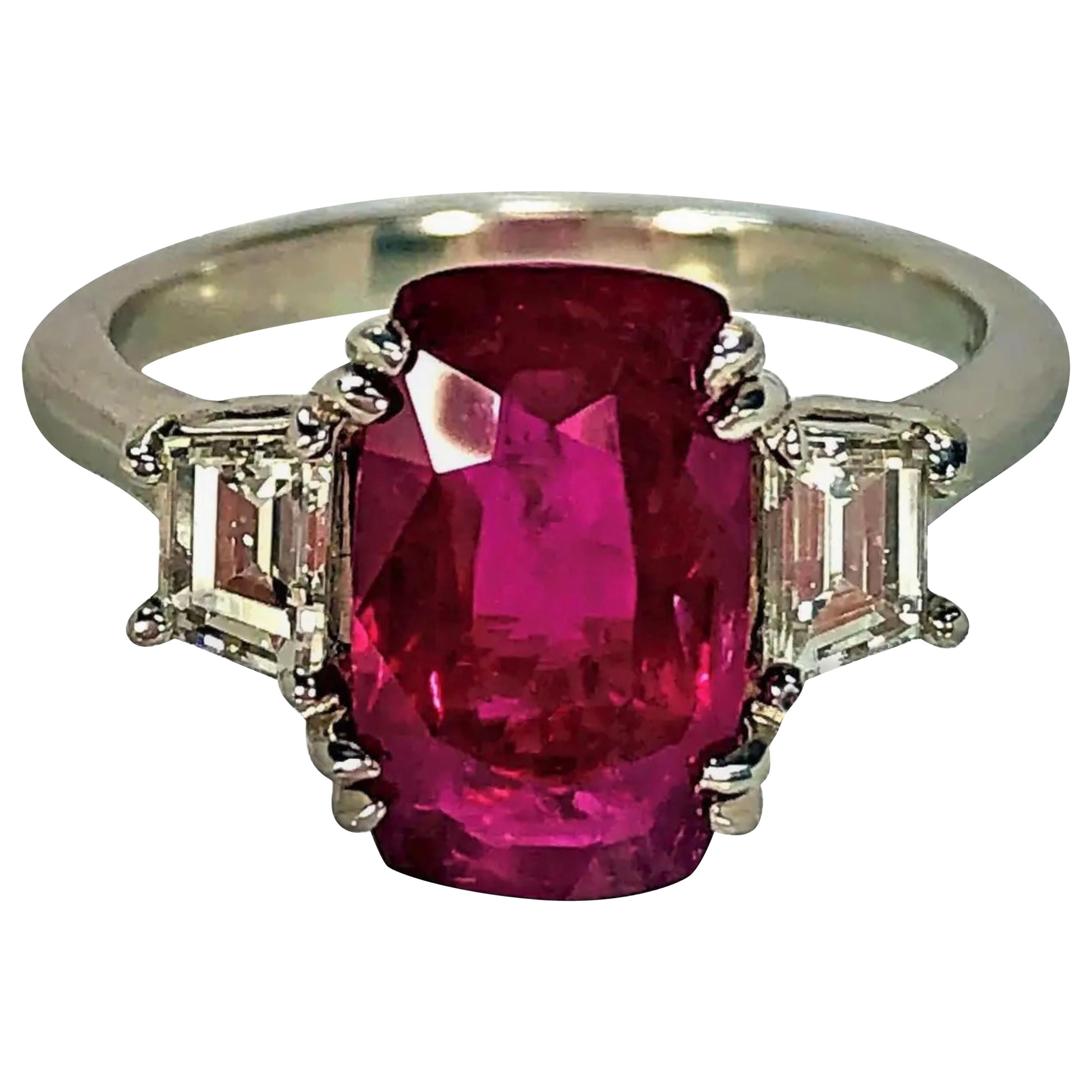 4.07 Carat Mozambique Ruby and Diamond Three-Stone Ring Set in Platinum