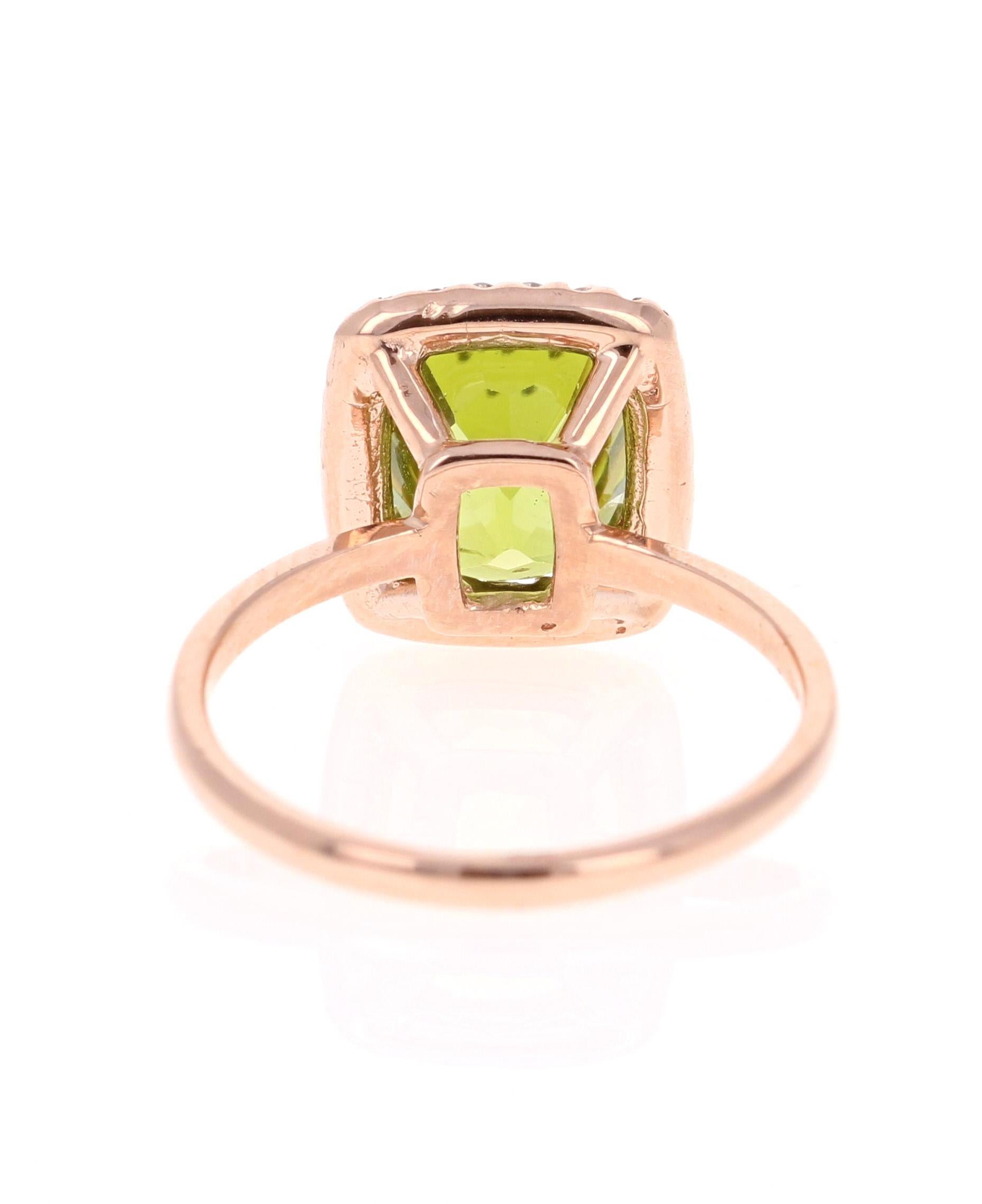 4,07 Karat Peridot Diamant Rose Gold Ring (Kissenschliff) im Angebot