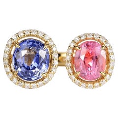 4.07 Carat Pink and Blue Sapphire Toi Et Moi Ring in 18 Karat Yellow Gold