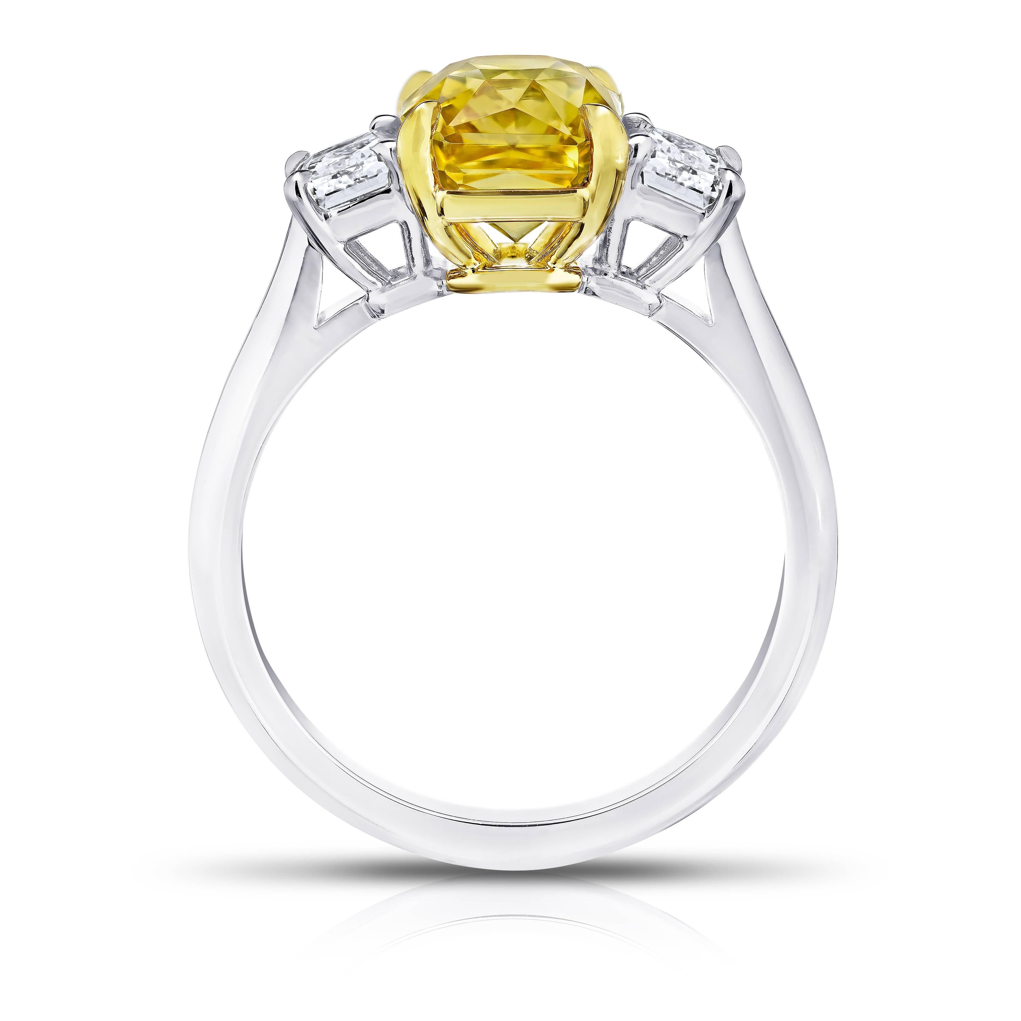 Contemporary 4.07 Carat Radiant Cut Yellow Sapphire and Diamond Platinum and 18k Ring