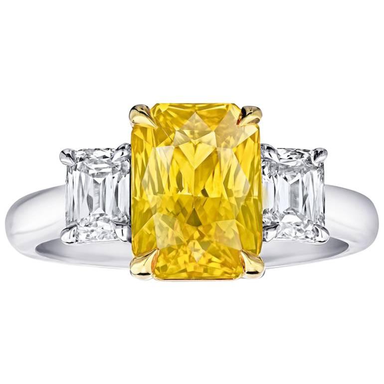 4.07 Carat Radiant Cut Yellow Sapphire and Diamond Platinum and 18k Ring