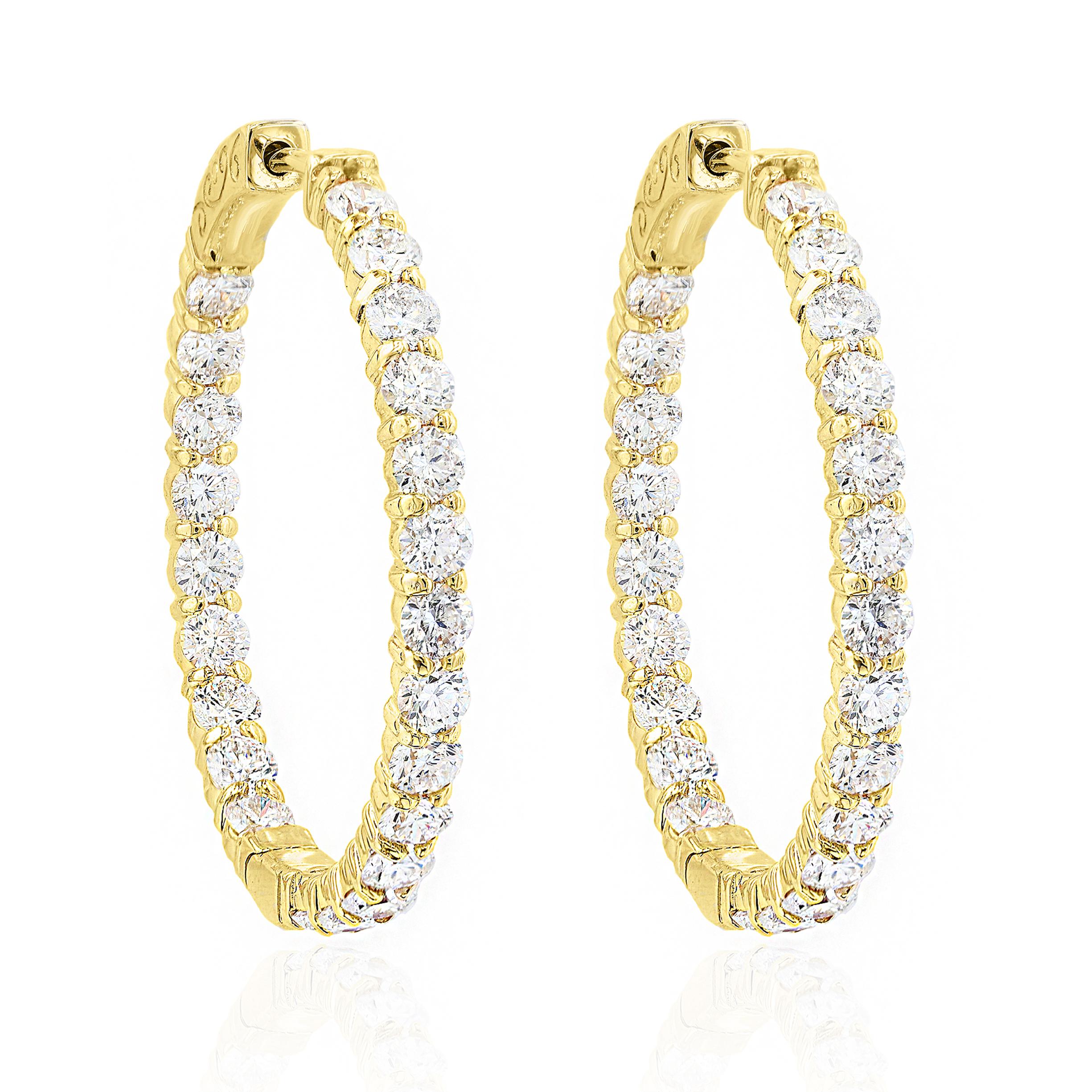 Modern 4.07 Carat Round Cut Diamond Hoop Earrings in 14K Yellow Gold For Sale