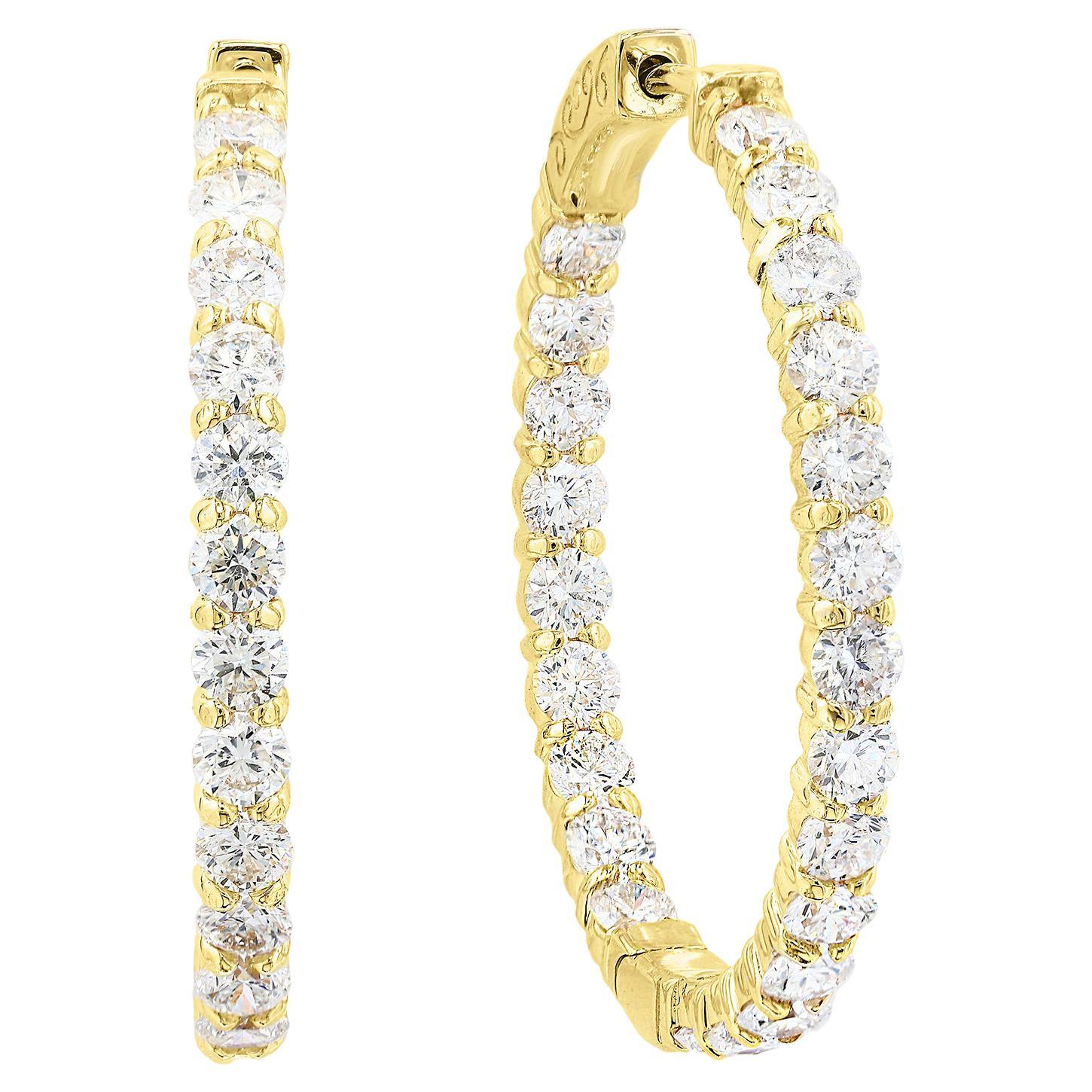 4.07 Carat Round Cut Diamond Hoop Earrings in 14K Yellow Gold For Sale