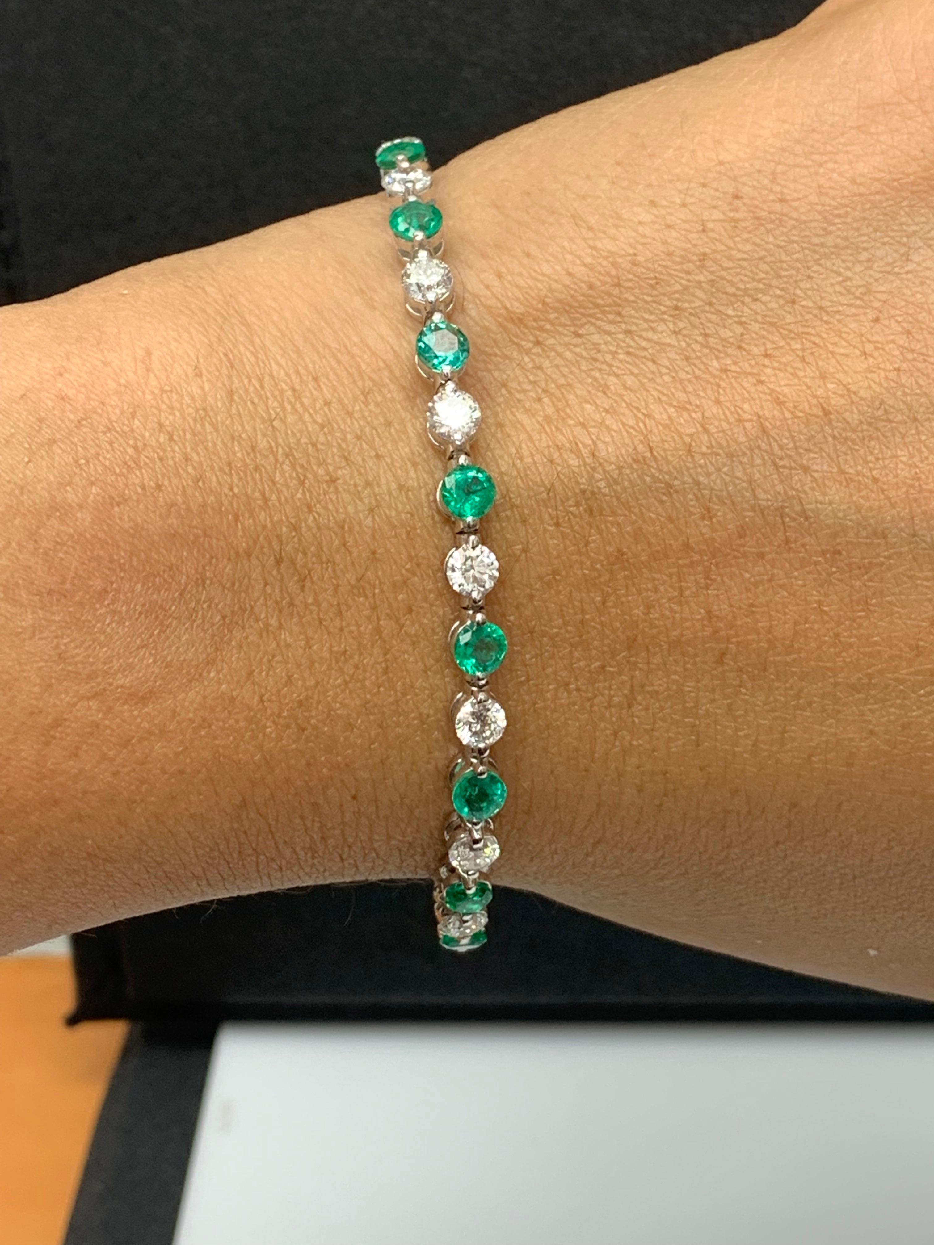 Modern 4.07 Carat Round Emerald and Diamond Bracelet in 14K White Gold For Sale