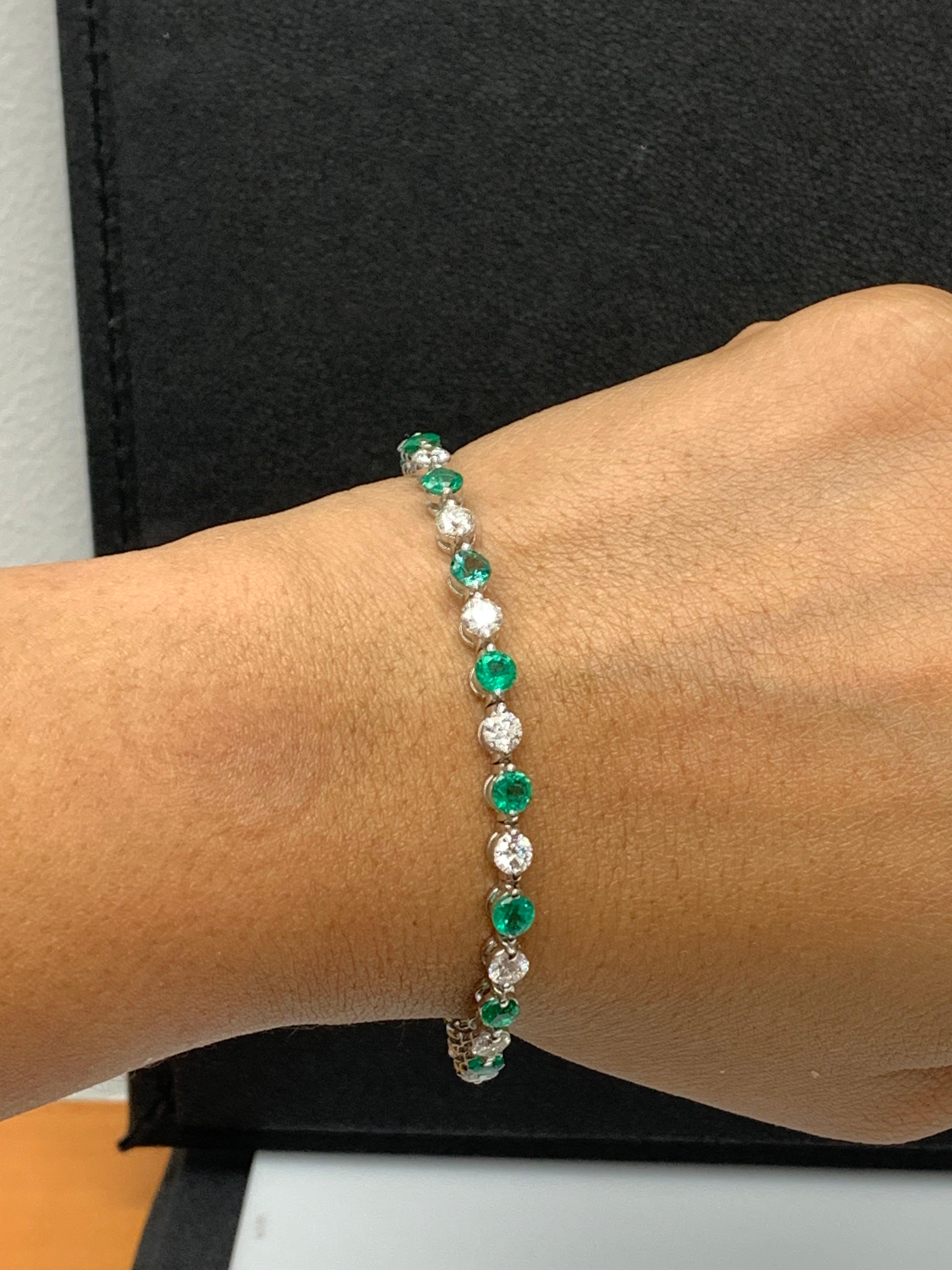 Round Cut 4.07 Carat Round Emerald and Diamond Bracelet in 14K White Gold For Sale