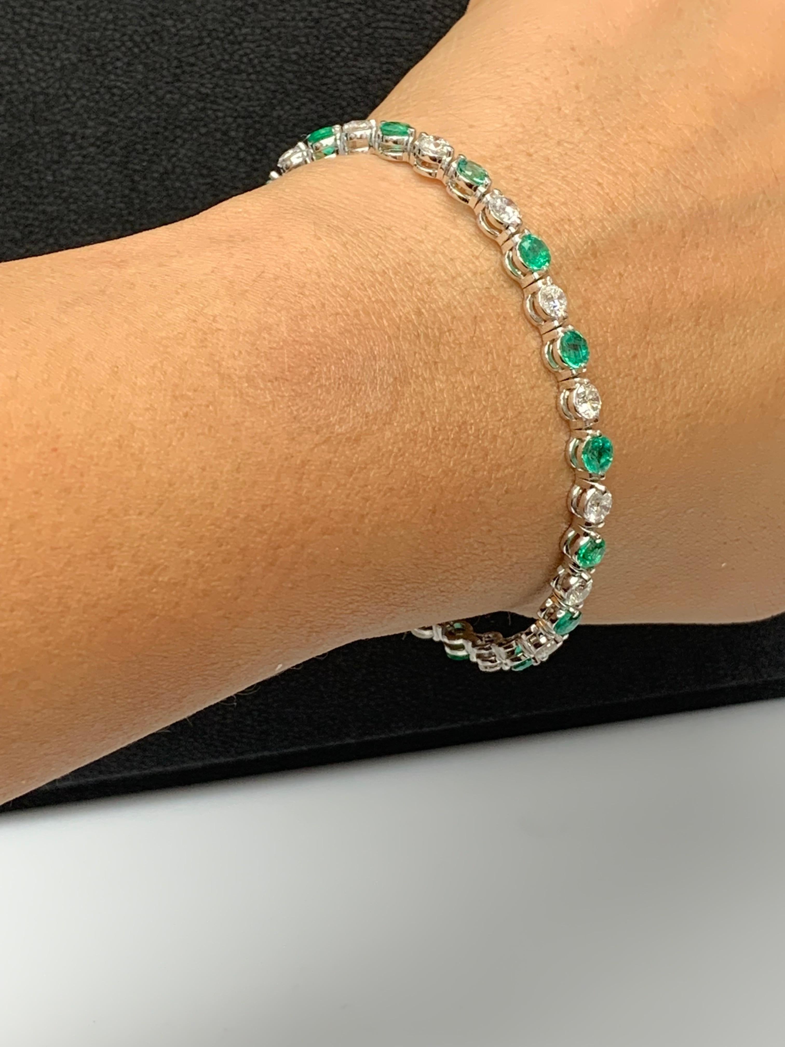 Women's or Men's 4.07 Carat Round Emerald and Diamond Bracelet in 14K White Gold For Sale