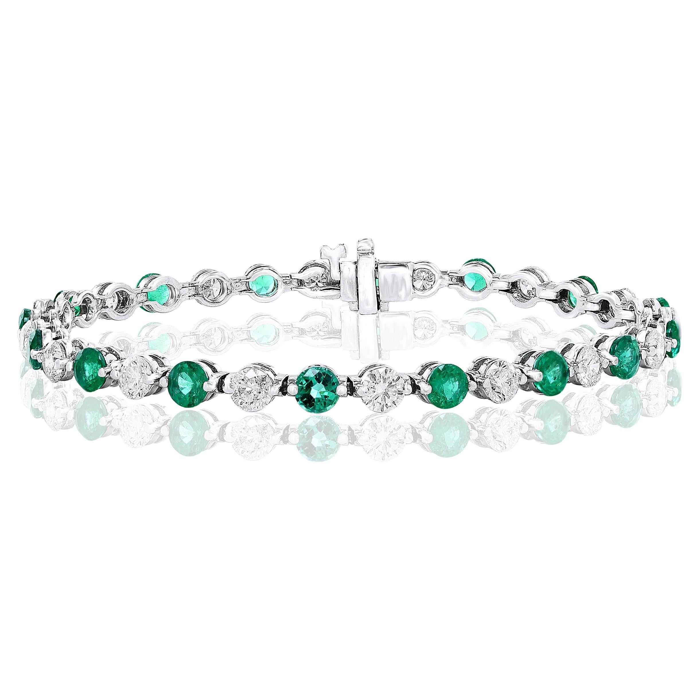 4.07 Carat Round Emerald and Diamond Bracelet in 14K White Gold For Sale