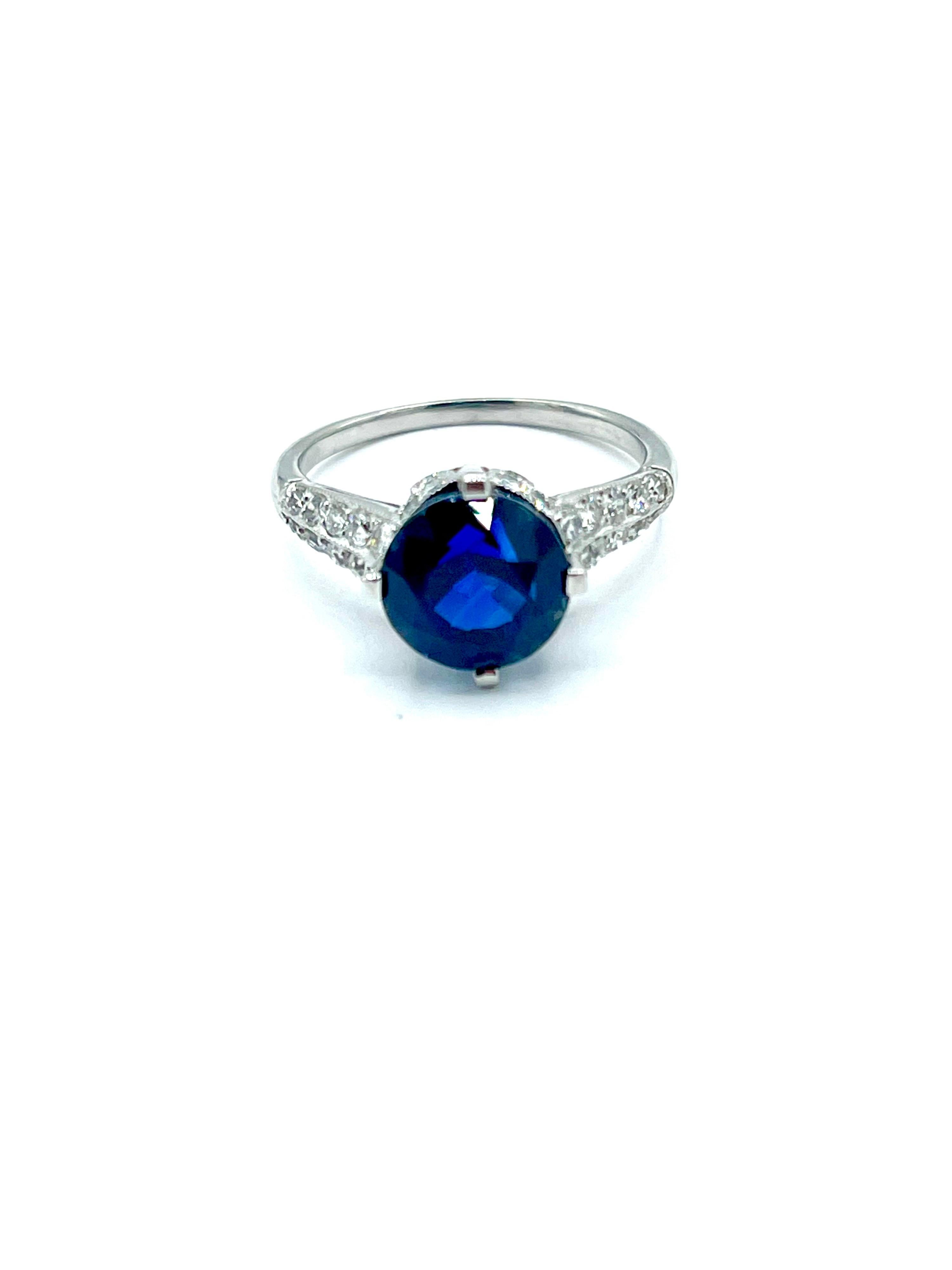 Art Deco 4.07 Carat Round Sapphire and Diamond Platinum Engagement Ring