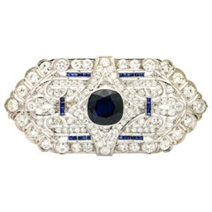 4.07 Carat Sapphire and 4.85 Carat Diamond Platinum Art Deco Brooch