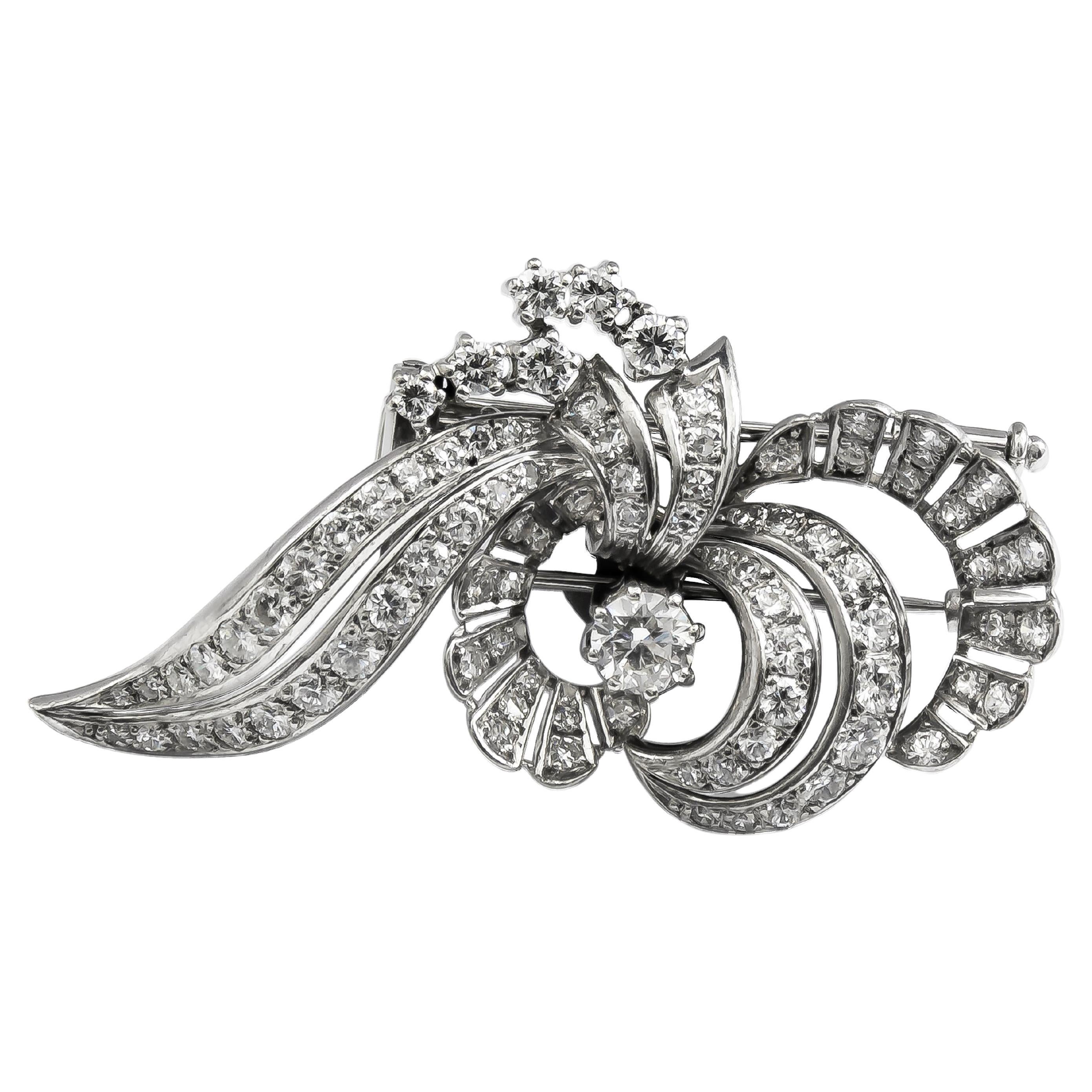 4.07 Carat Total Round Diamond Antique Style Brooch For Sale