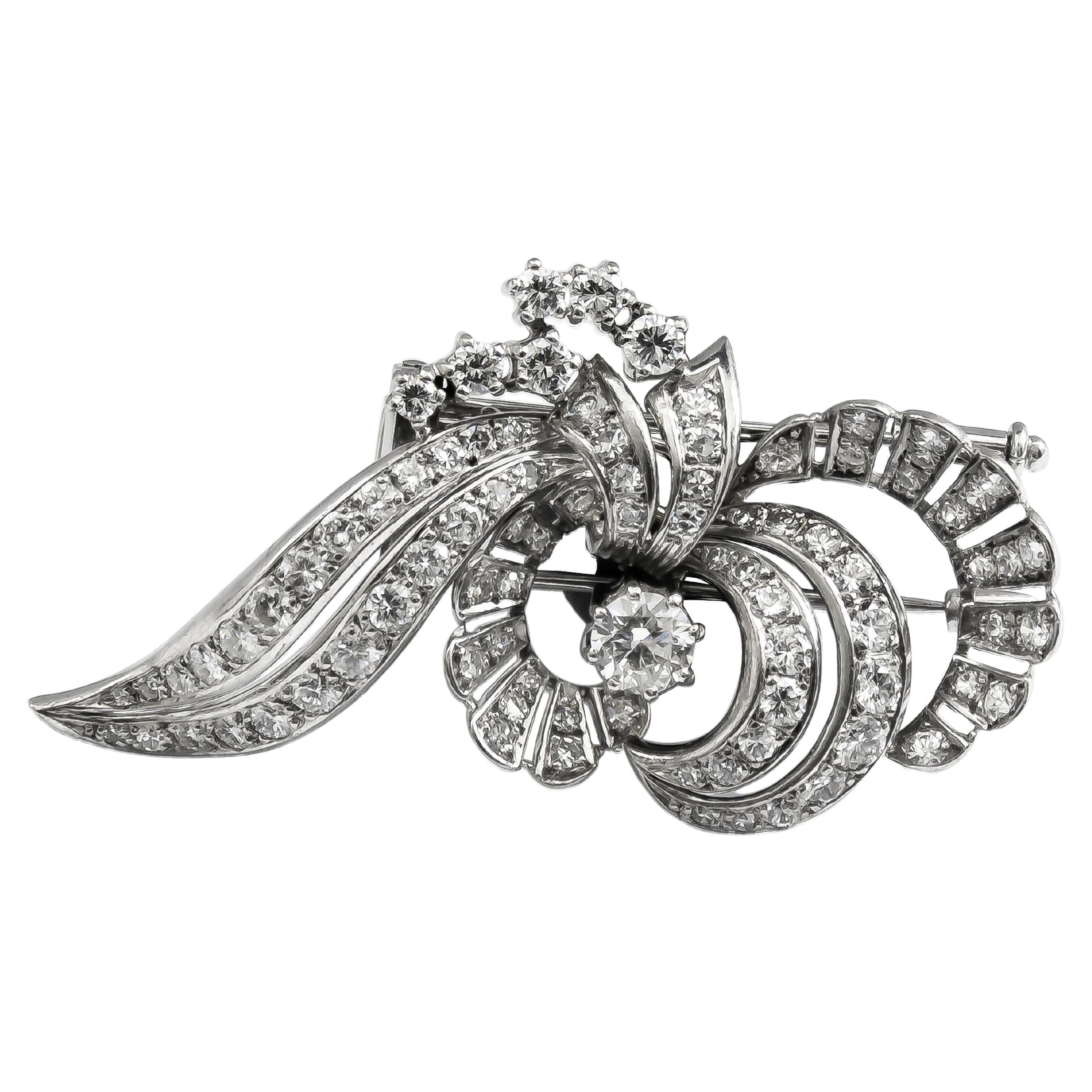 4.07 Carat Total Round Diamond Antique Style Brooch