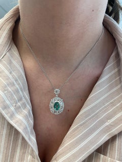 4.07 carats Emerald with Diamond Halo 18k White Gold Pendant Necklace