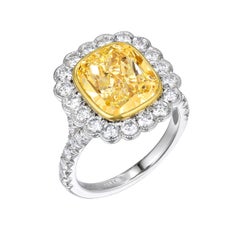 4.07ct Cushion Cut Fancy Light Yellow Diamond Ring with Diamond Halo  GIA Cert