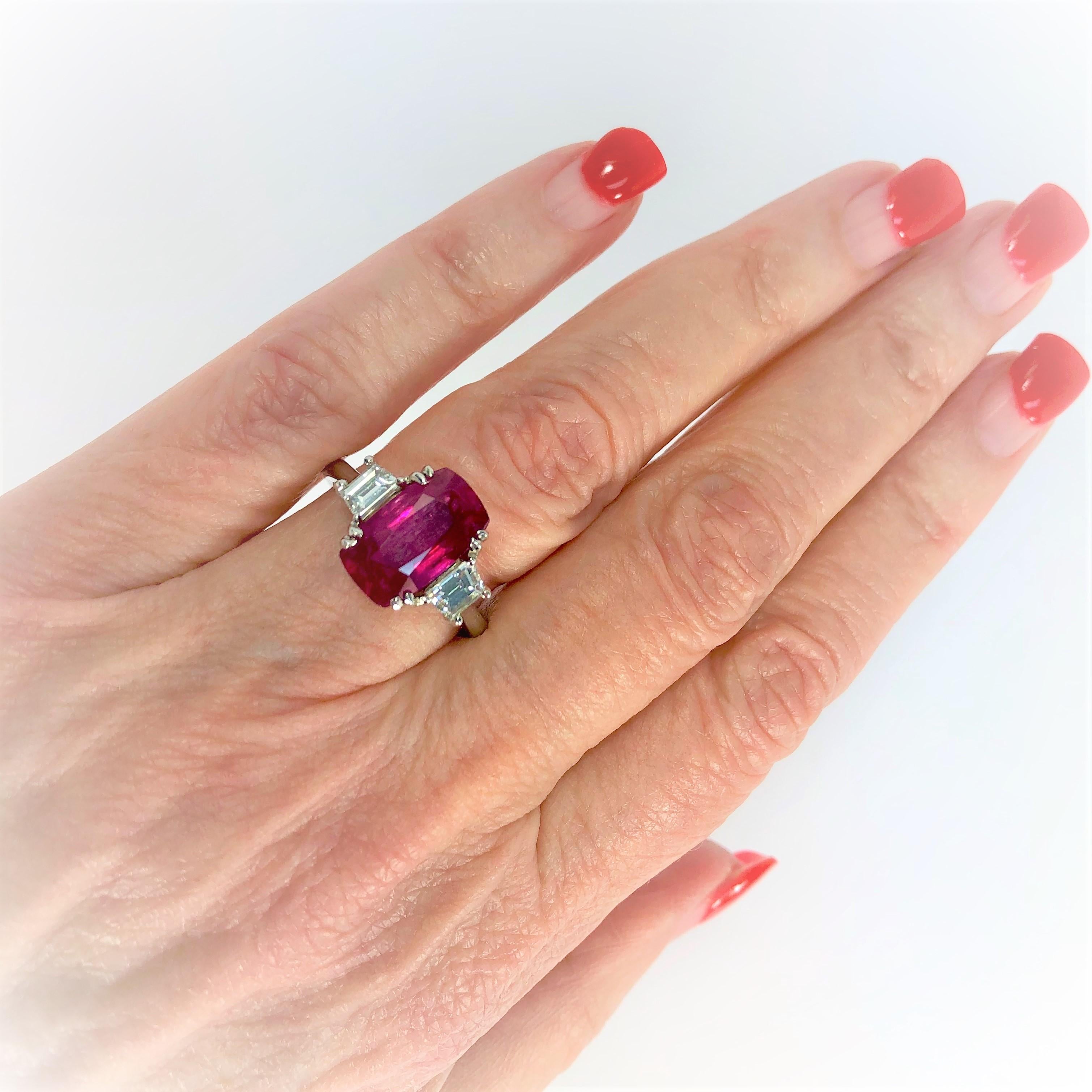 Women's 4.07 Carat Mozambique Ruby and Diamond Three-Stone Ring Set in Platinum