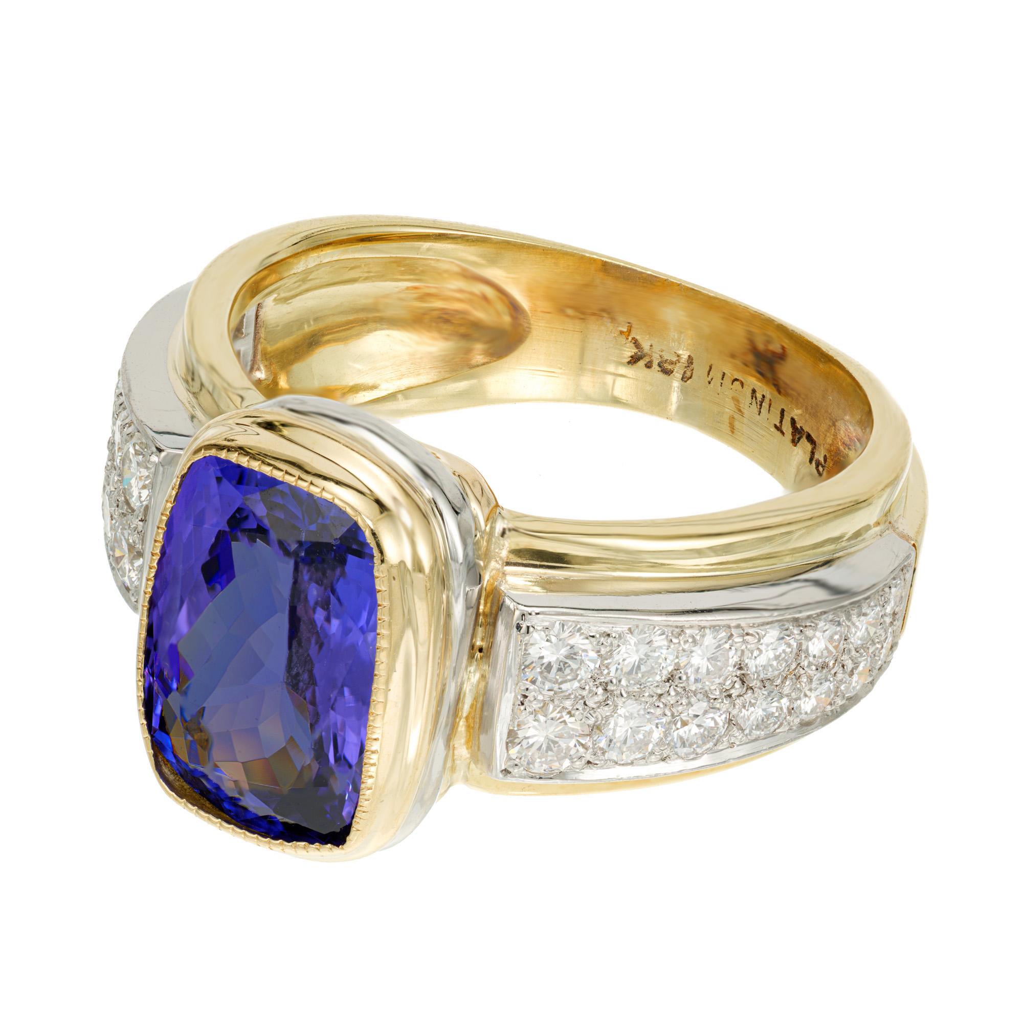 4.08 Carat Cushion Cut Purple Tanzanite Pave Diamond Gold Platinum Ring In Good Condition For Sale In Stamford, CT