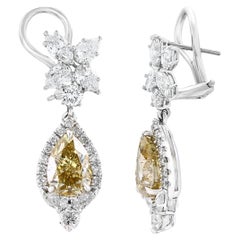 Boucles d'oreilles pendantes en or blanc 18 carats, diamant brun fantaisie et diamant de 4,08 carats