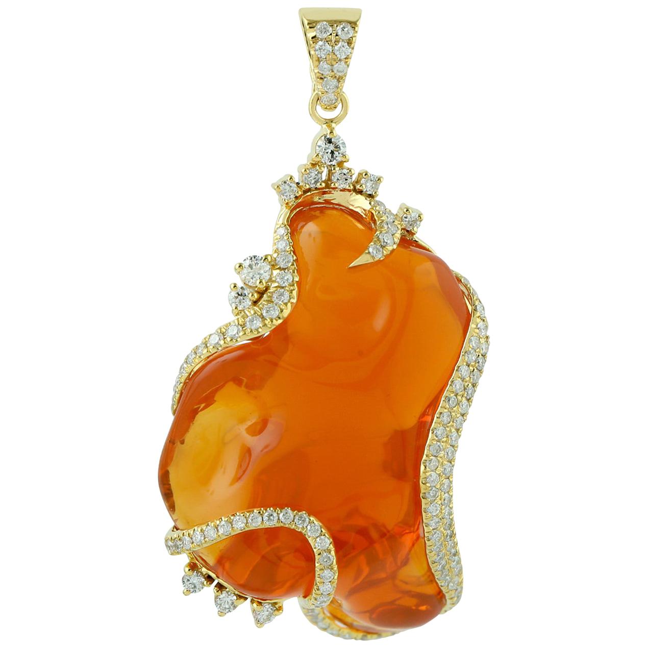 40.8 Carat Fire Opal Diamond 18 Karat Gold Pendant Necklace