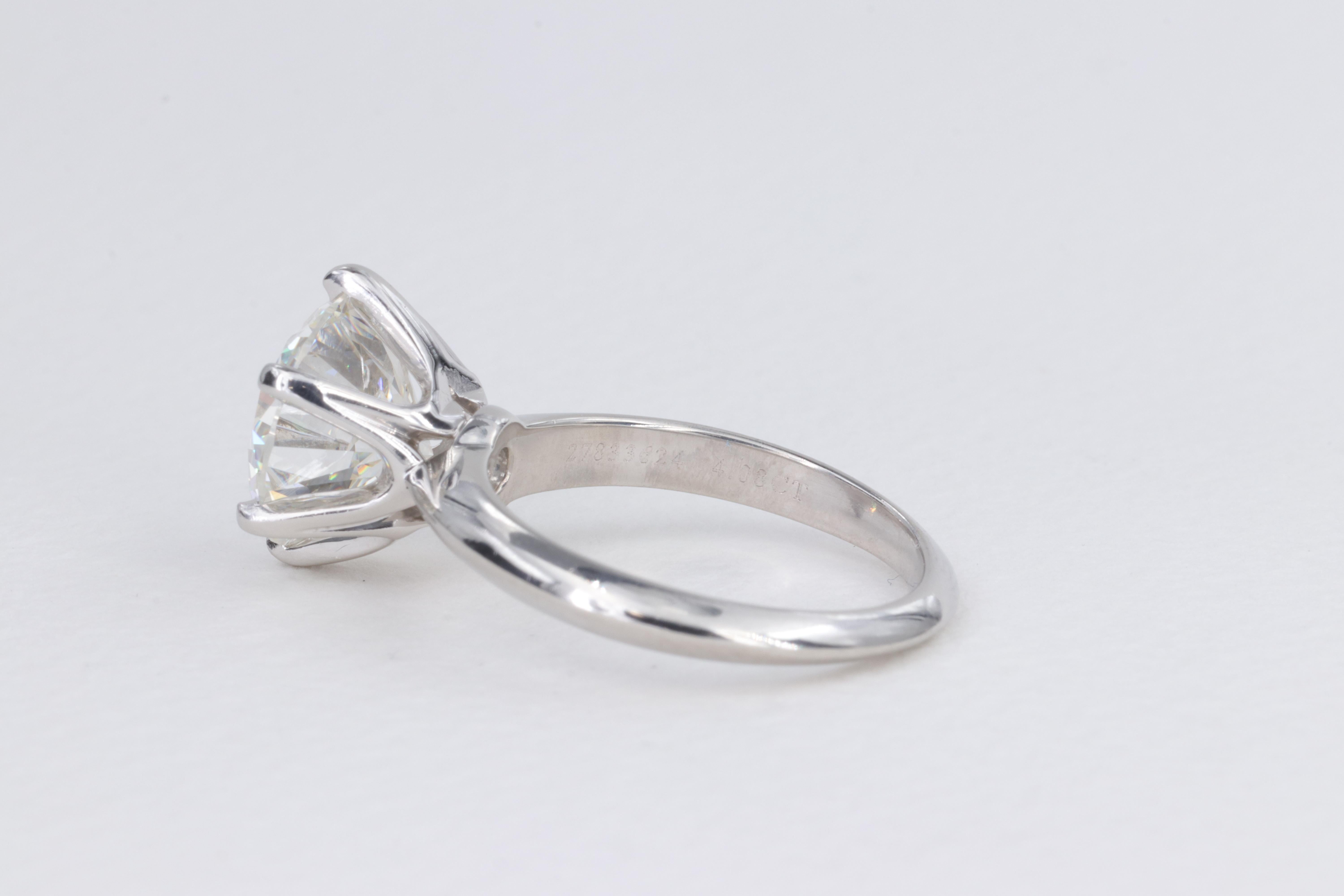 4.08 Carat I VS1 Tiffany & Co. Platinum Solitaire Engagement Ring For Sale 3