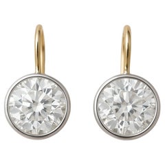 4.08 Carat Natural Round Brilliant Diamond Platinum & Gold Drop Earrings