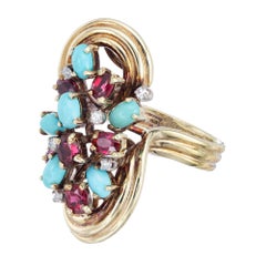4.08 Carat Turquoise Ruby Diamond Gold Midcentury Cocktail Ring