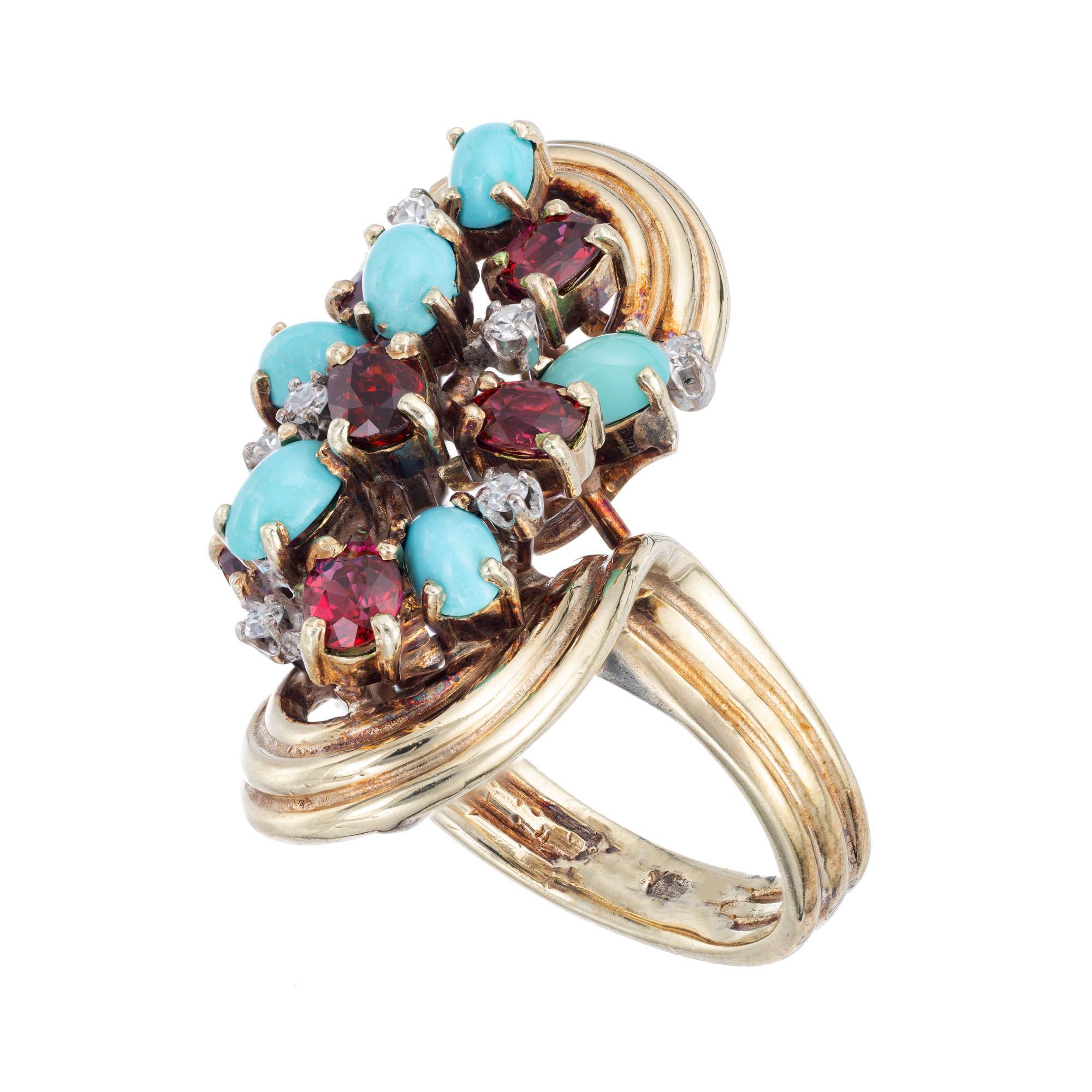 Oval Cut 4.08 Carat Turquoise Ruby Diamond Gold Midcentury Cocktail Ring For Sale