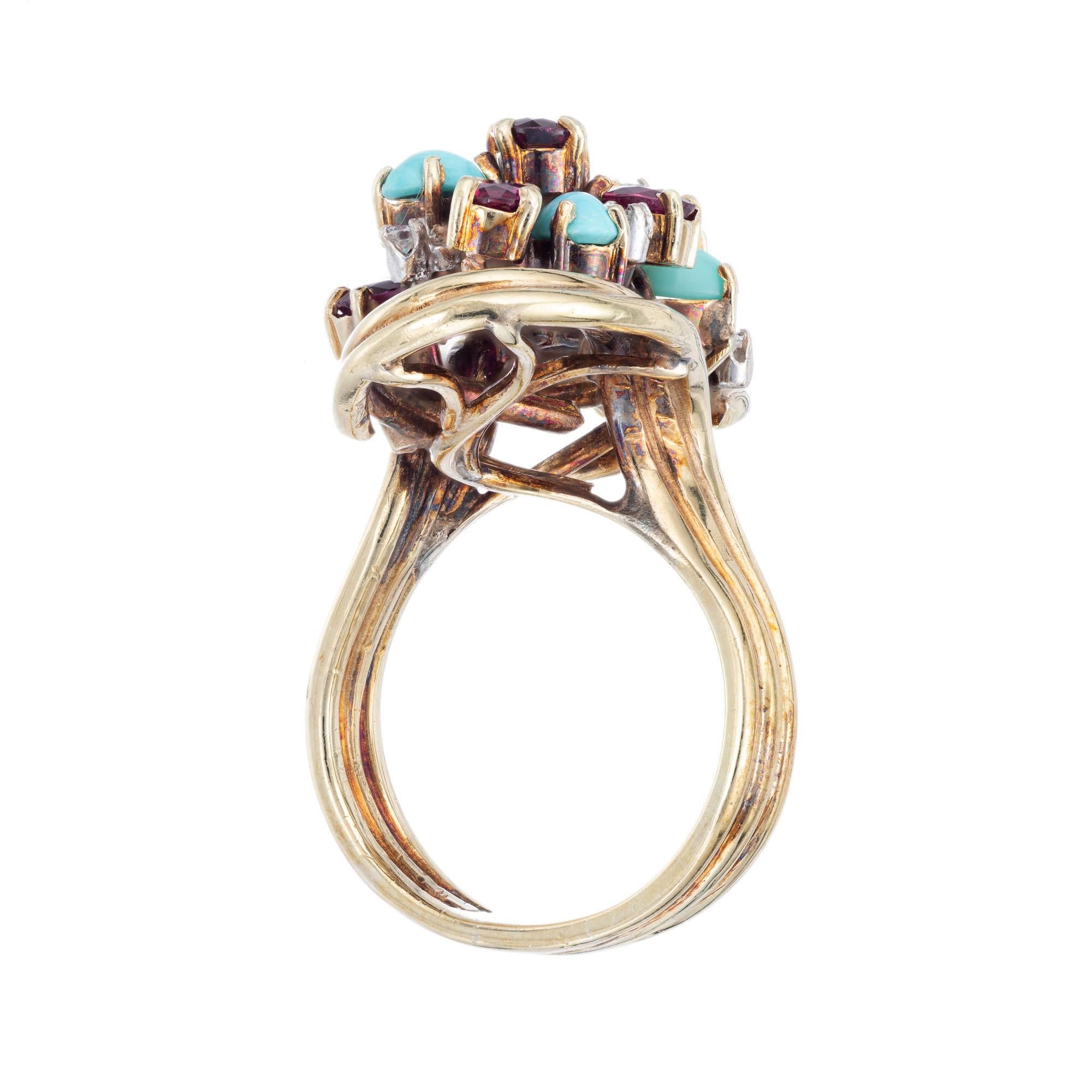 4.08 Carat Turquoise Ruby Diamond Gold Midcentury Cocktail Ring In Good Condition For Sale In Stamford, CT
