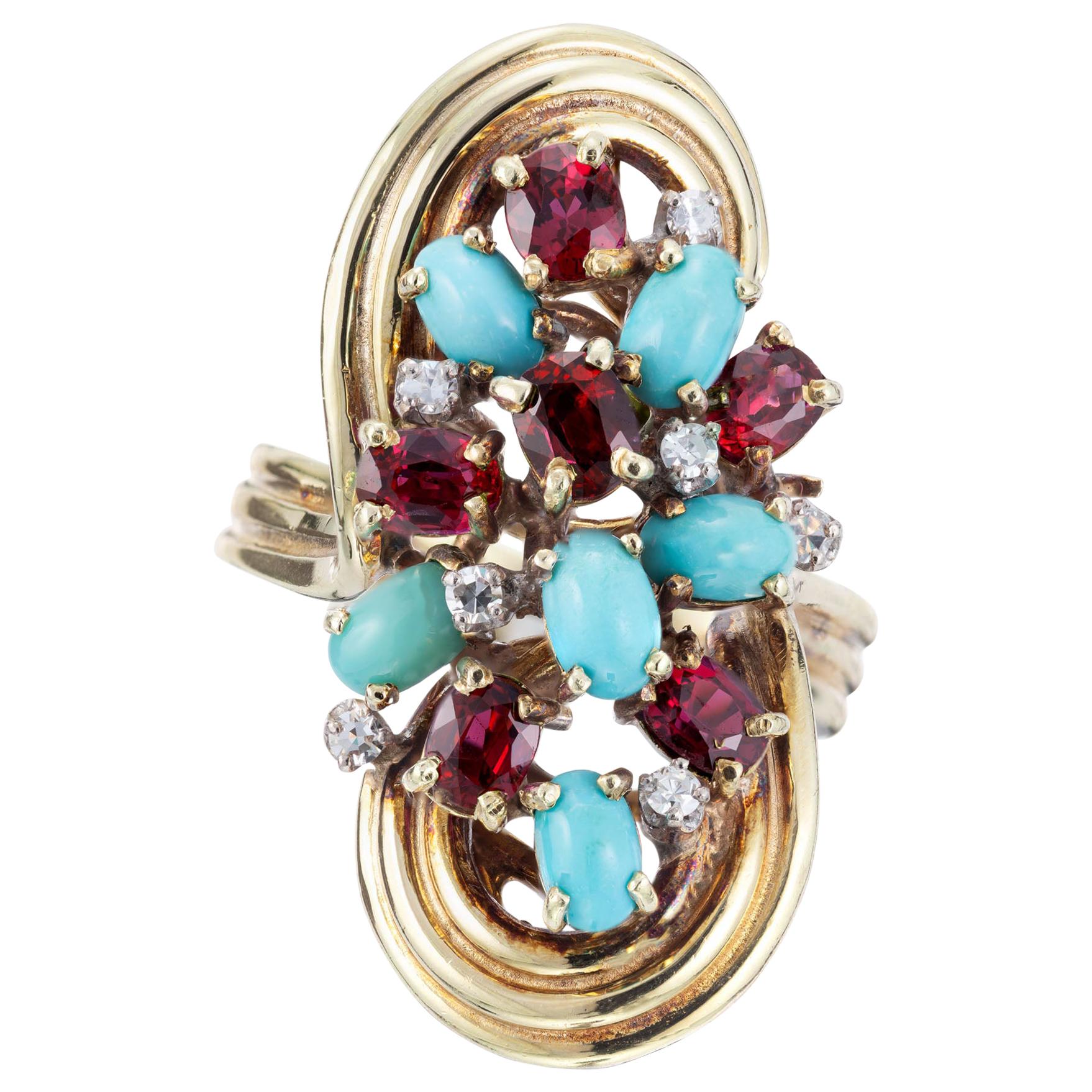 4.08 Carat Turquoise Ruby Diamond Gold Midcentury Cocktail Ring For Sale
