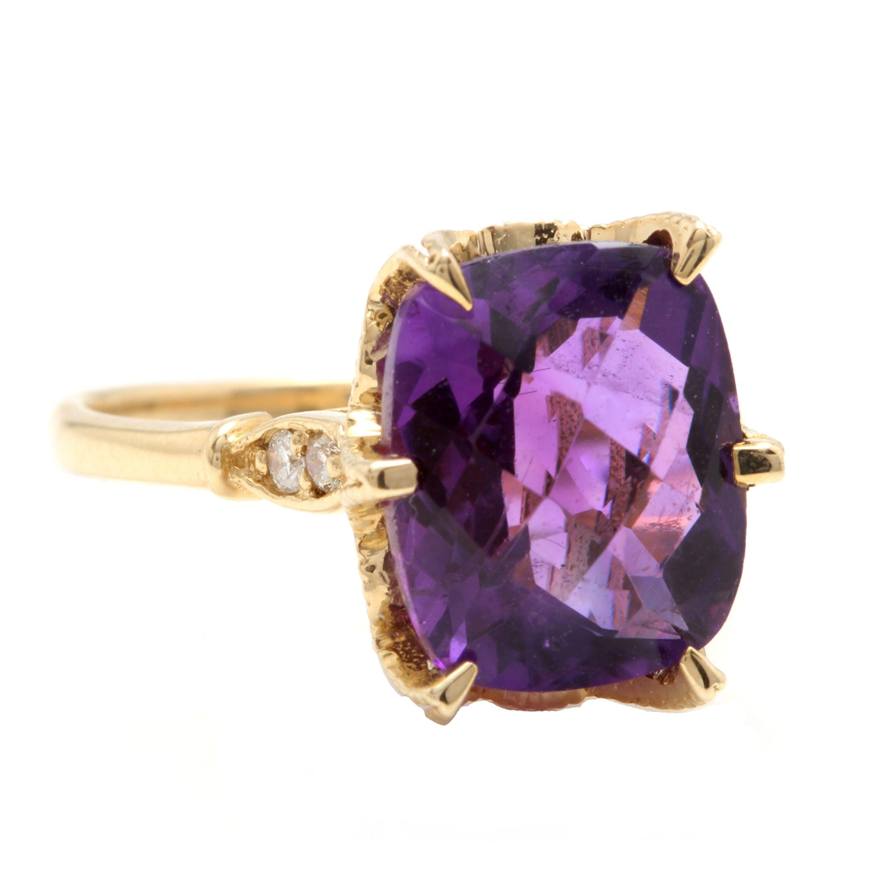4.08 Carats Natural Amethyst and Diamond 14K Solid Yellow Gold Ring

Total Natural Cushion Shaped Amethyst Weights: Approx.  4.00 Carats

Amethyst Measures: Approx. 11 x 9mm

Natural Round Diamonds Weight: Approx.  0.08 Carats (color G-H / Clarity