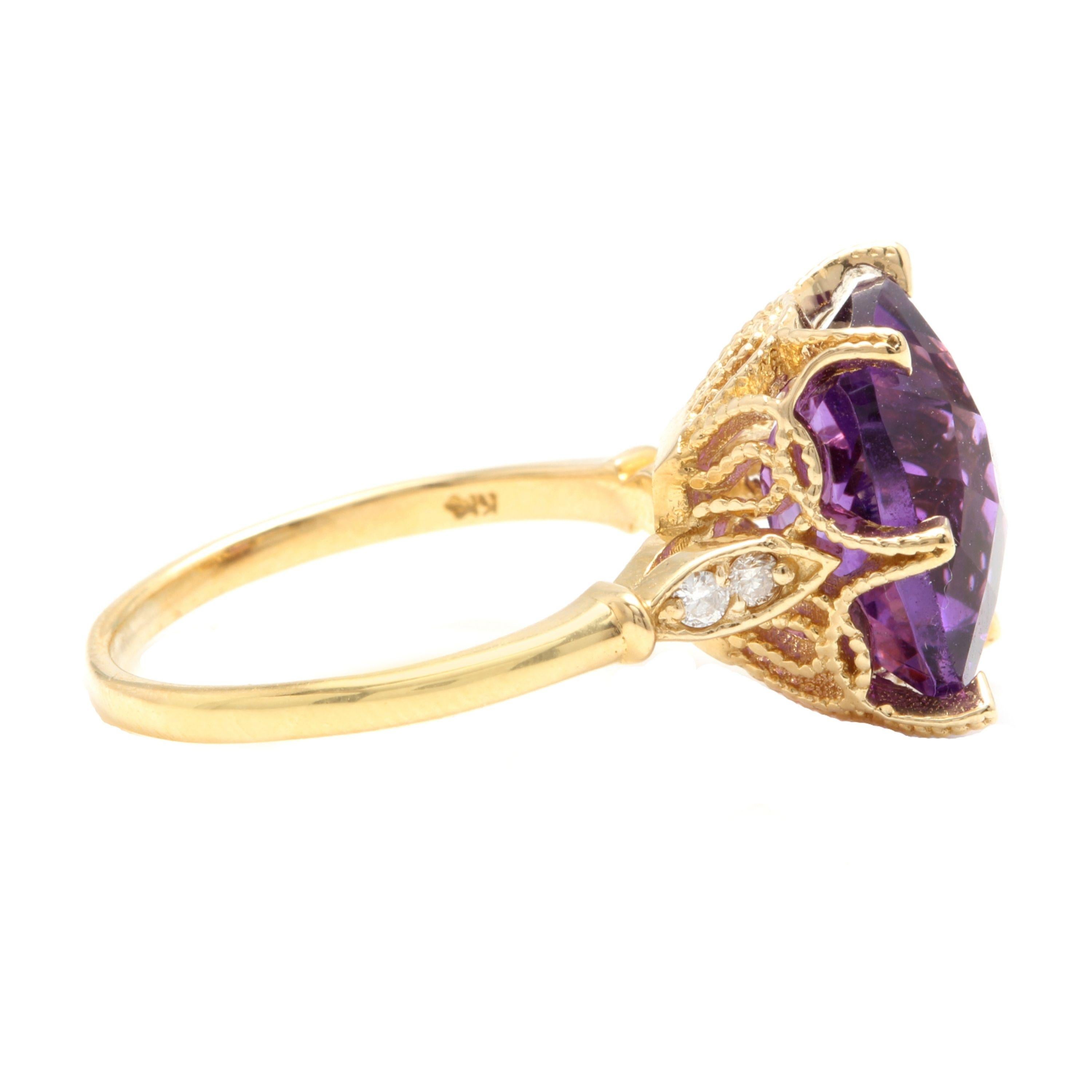 Mixed Cut 4.08 Carat Natural Amethyst and Diamond 14 Karat Solid Yellow Gold Ring For Sale