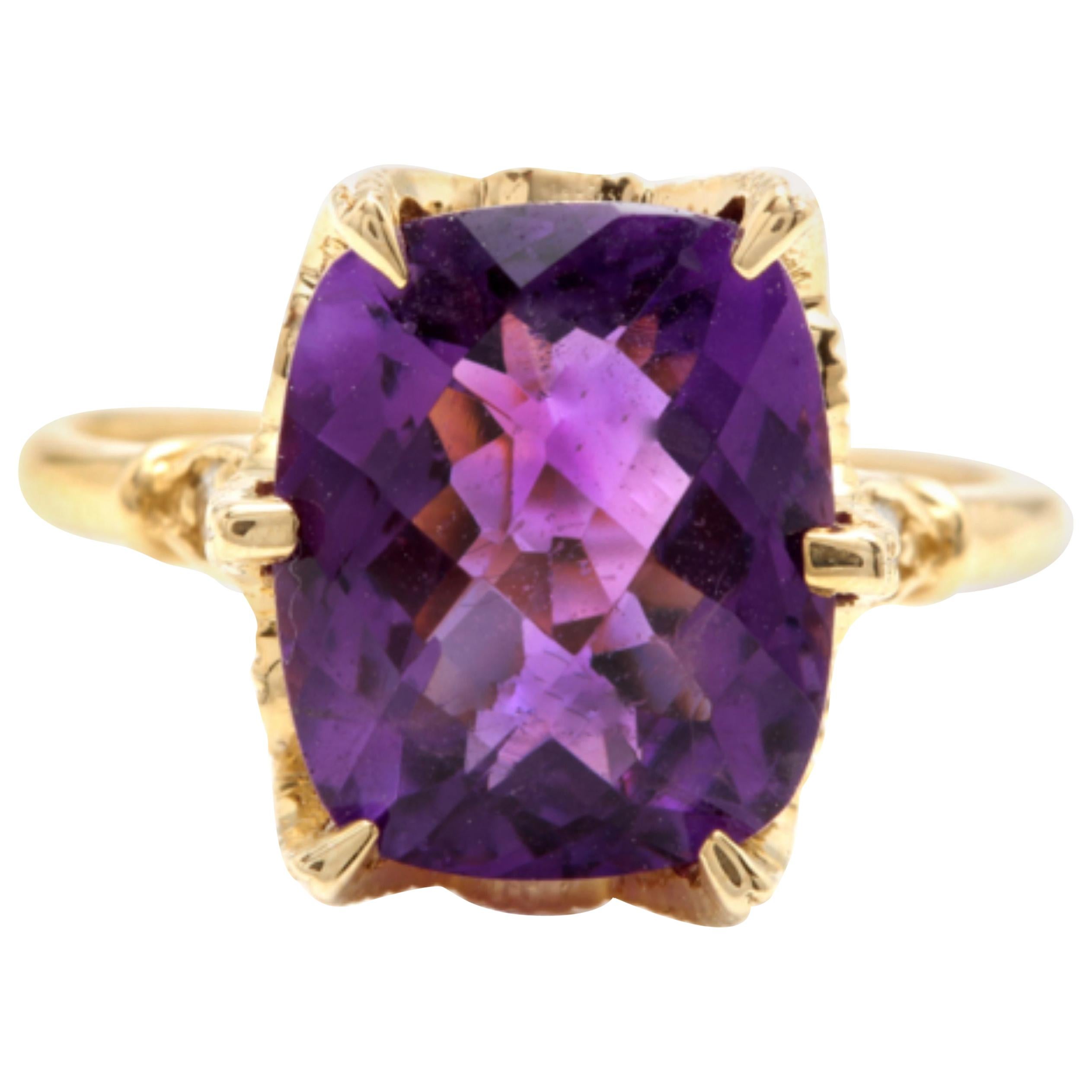 4.08 Carat Natural Amethyst and Diamond 14 Karat Solid Yellow Gold Ring