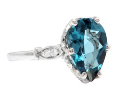 4.08 Carats Natural London Blue Topaz and Diamond 14k White Gold Ring